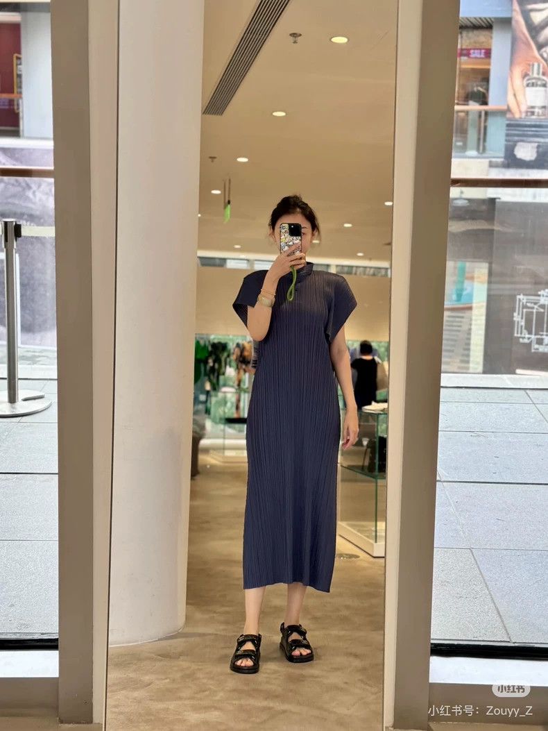 Issey Miyake Pleats Please Navy Blue Dress with Collar-yf Size 22" - 9 Thumbnail