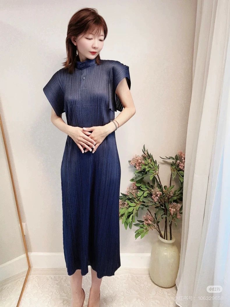 Issey Miyake Pleats Please Navy Blue Dress with Collar-yf Size 22" - 7 Thumbnail