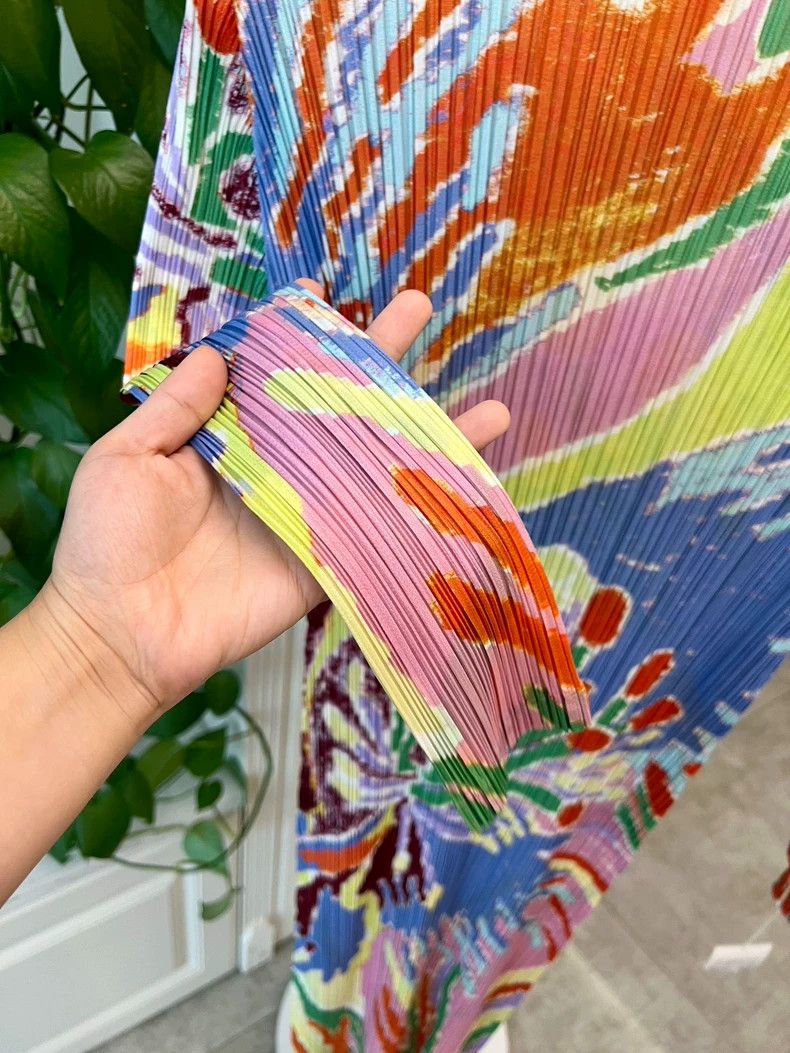 Issey Miyake Colorful Pleated Dress with Floral Design-yf Size 22" - 2 Thumbnail