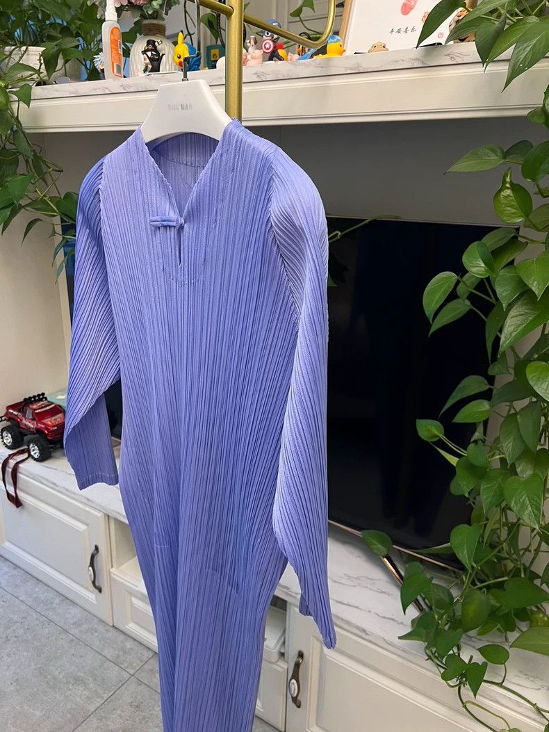Issey Miyake Blue Purple Pleated Dress with Chinese Closure-yf Size 22" - 2 Thumbnail