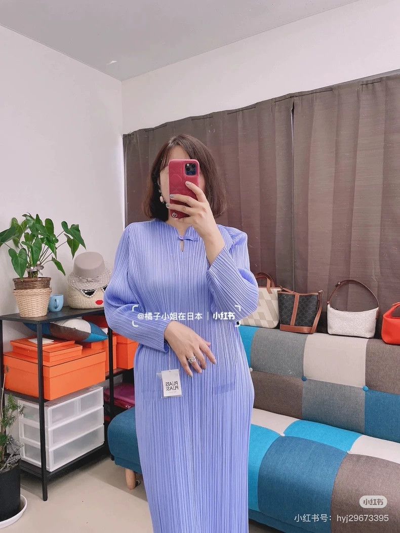 Issey Miyake Blue Purple Pleated Dress with Chinese Closure-yf Size 22" - 8 Thumbnail