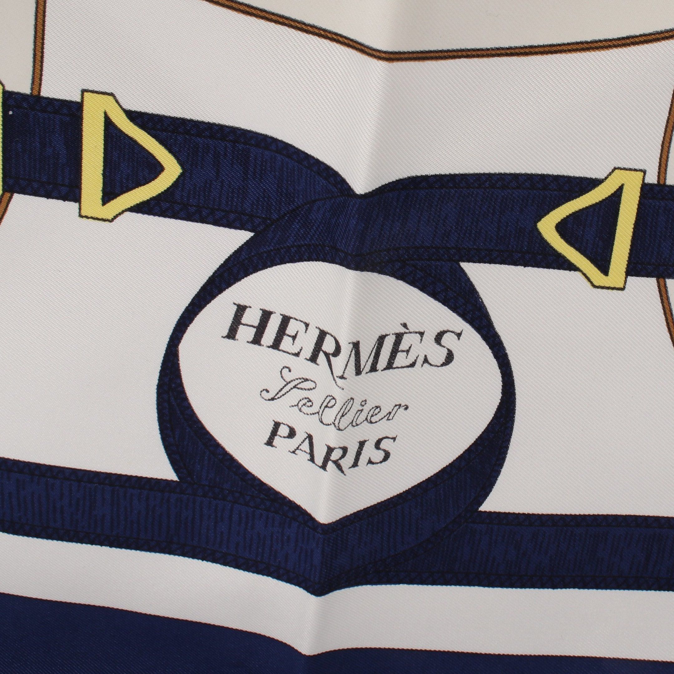Hermes Hermes Carres 90 Eperon Scarf Silk White Navy Yellow Size ONE SIZE - 5 Thumbnail