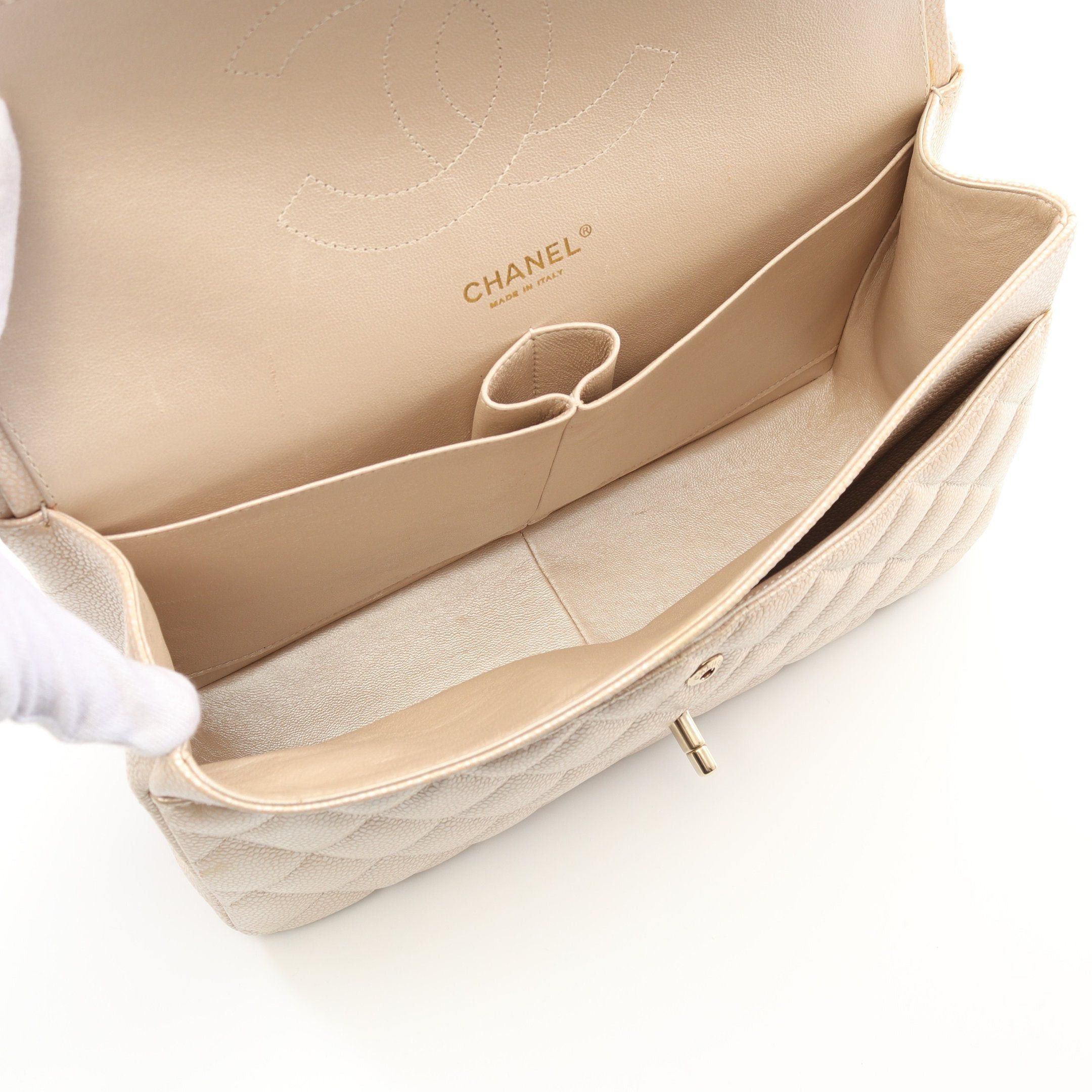 Chanel Chanel Decamatlassé 30 Classic Large Double Flap Chain Shoulder Bag Caviar Skin Beige Gold Hardware Size ONE SIZE - 3 Thumbnail