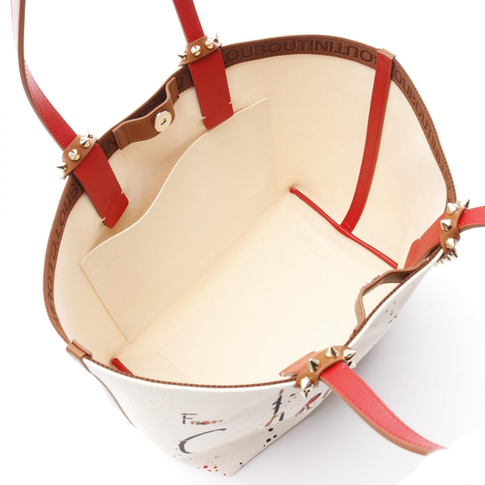 Christian Louboutin Christian Louboutin Cabata Beach Bag Small Handbag Tote Canvas Leather Ivory Brown Multicolor Size ONE SIZE - 3 Thumbnail