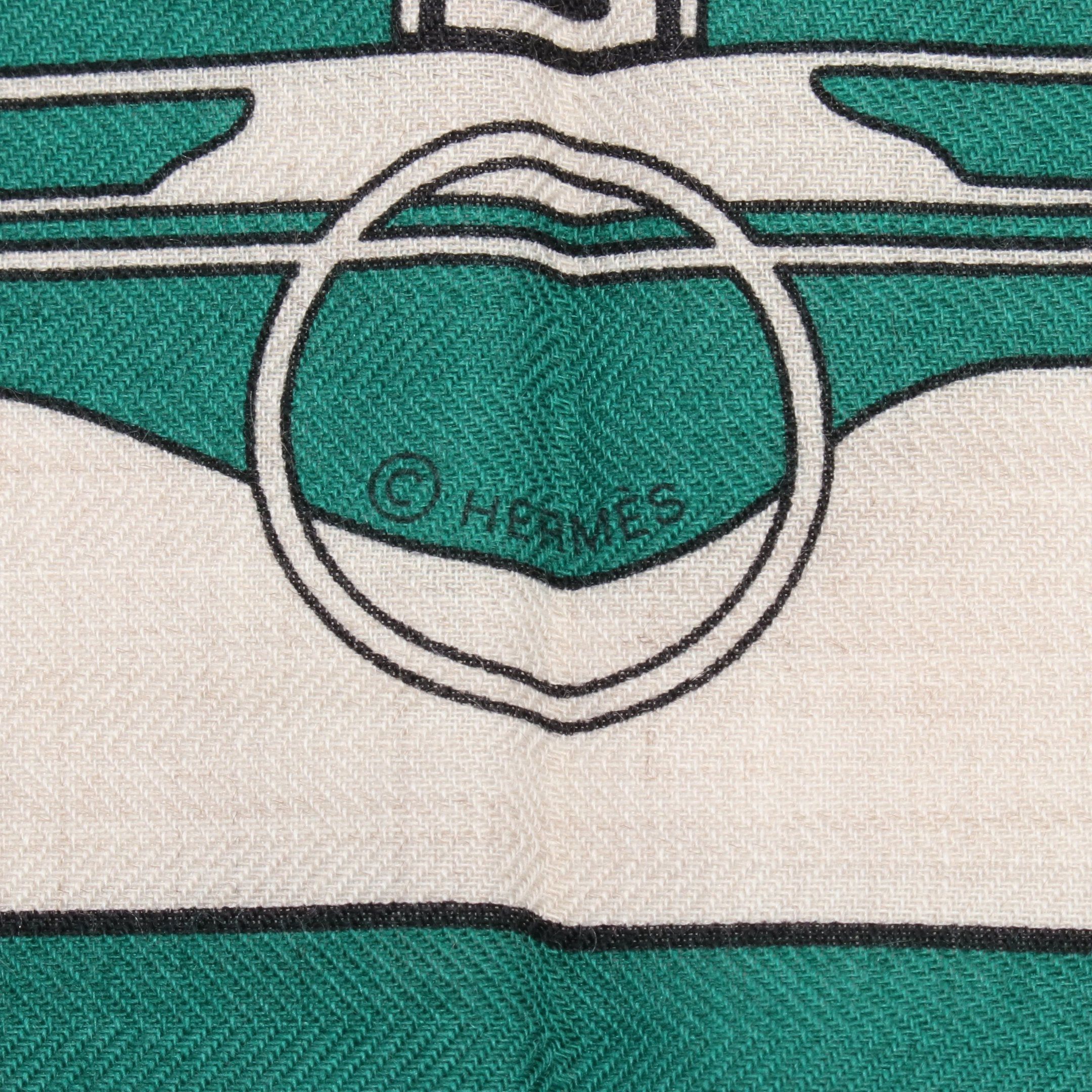 Hermes Hermes Triangle Geant Ex-Libris Scarf Stall Cashmere Silk Beige Green Multicolor Size ONE SIZE - 2 Thumbnail