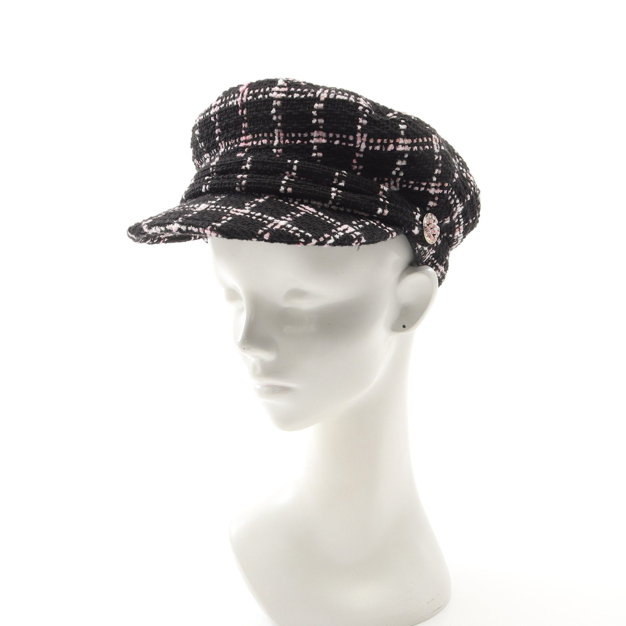 Chanel Chanel Cocomark Button Tweed Casquette Hat Check Cotton Black Pink White Size ONE SIZE - 7 Thumbnail
