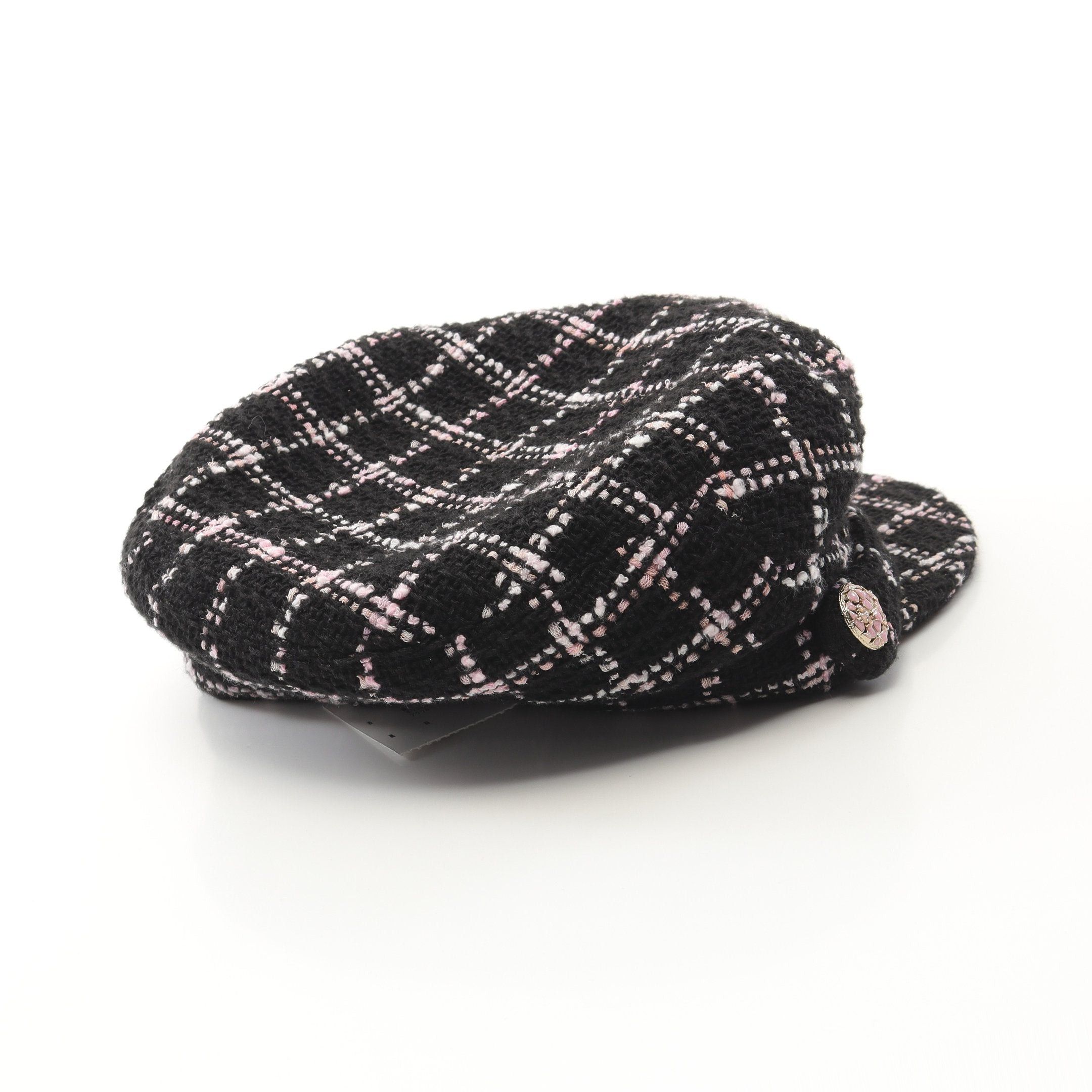 Chanel Chanel Cocomark Button Tweed Casquette Hat Check Cotton Black Pink White Size ONE SIZE - 2 Thumbnail