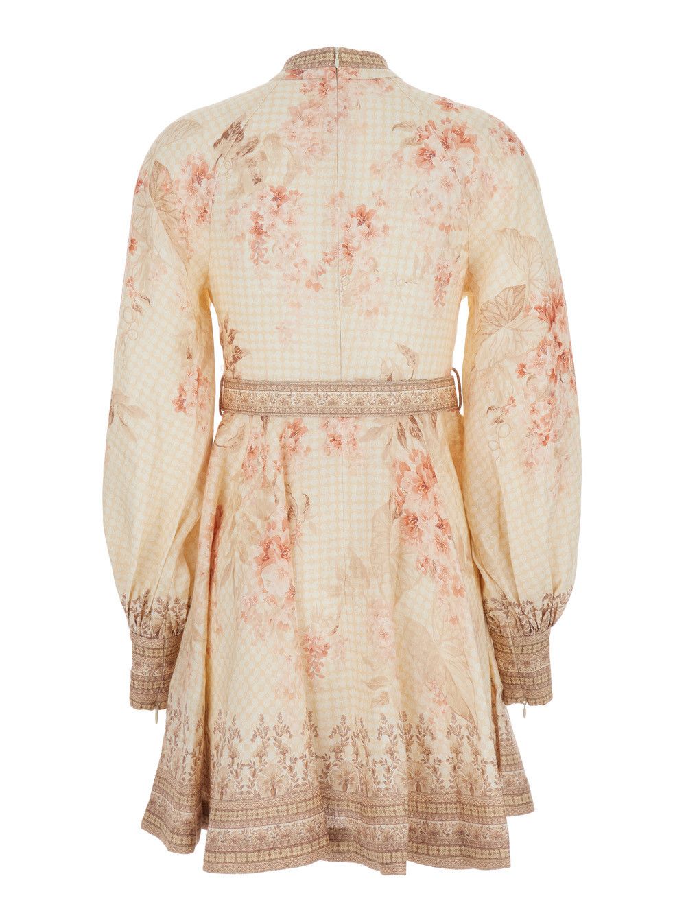 Zimmermann 'Illuminate' Beige Mini Dress with Belted Waist and All-Over Floral Print in Linen Woman Size L / US 10 / IT 46 - 2 Thumbnail