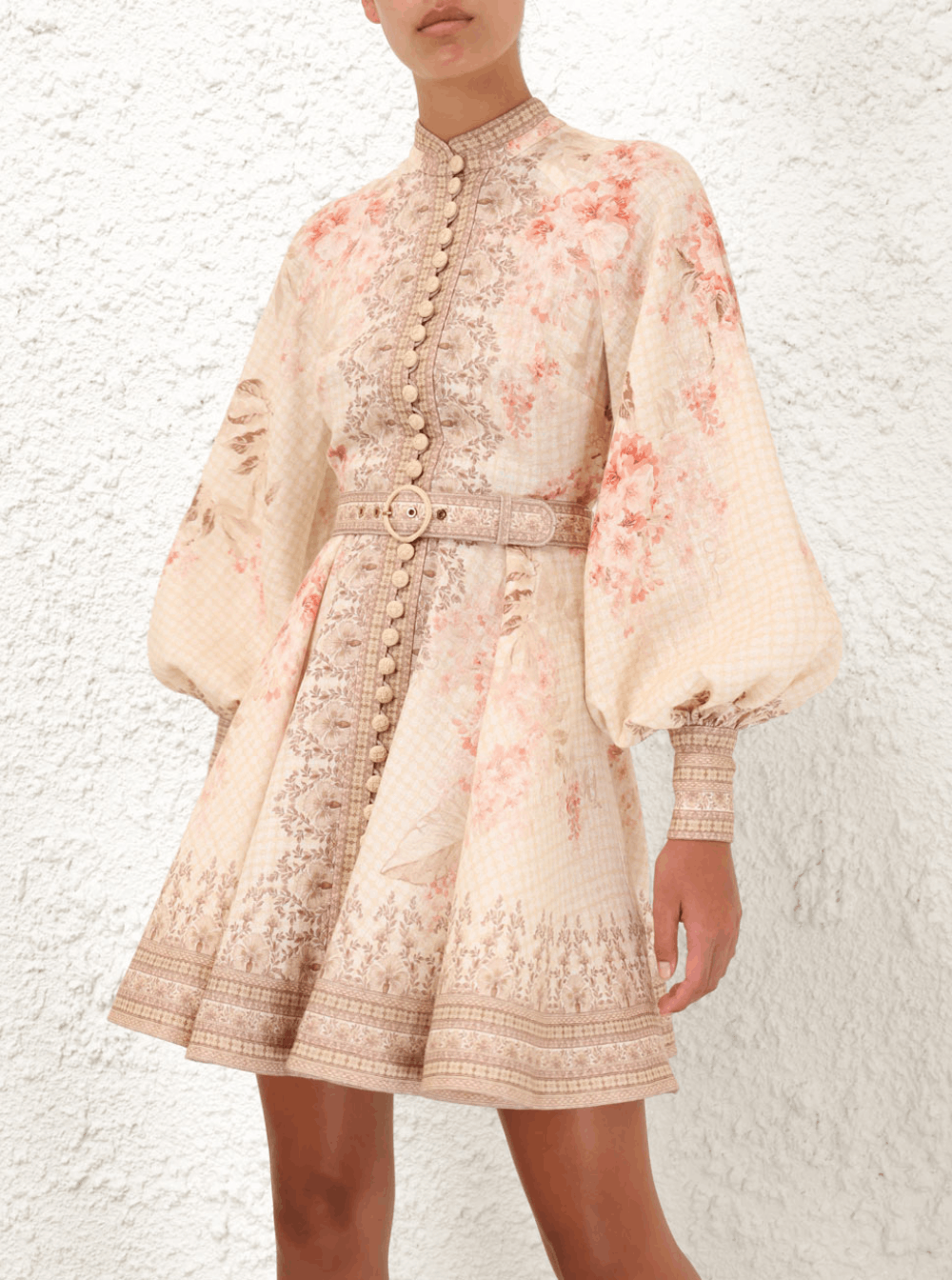 Zimmermann 'Illuminate' Beige Mini Dress with Belted Waist and All-Over Floral Print in Linen Woman Size L / US 10 / IT 46 - 4 Thumbnail