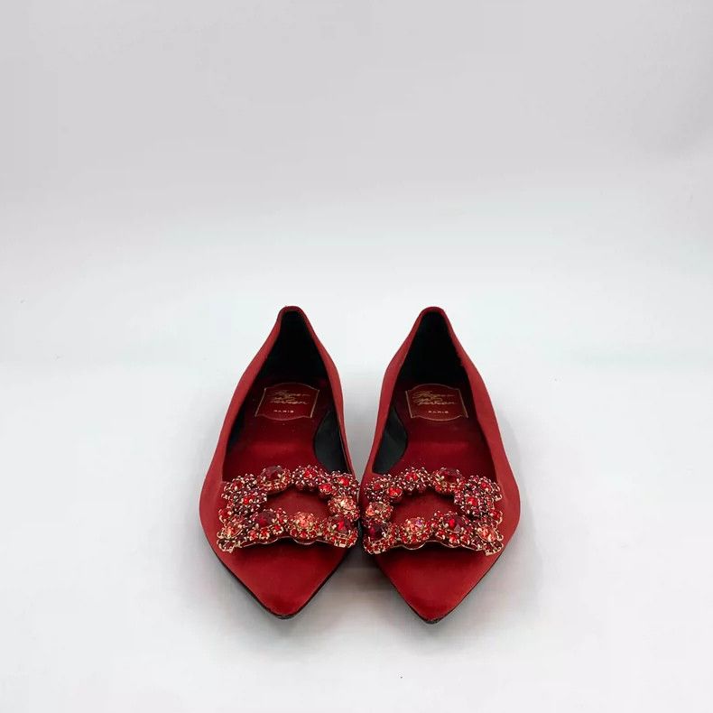 Roger Vivier Red Pointed Flats with Rhinestone Detail Size US 7 / IT 37 - 3 Thumbnail