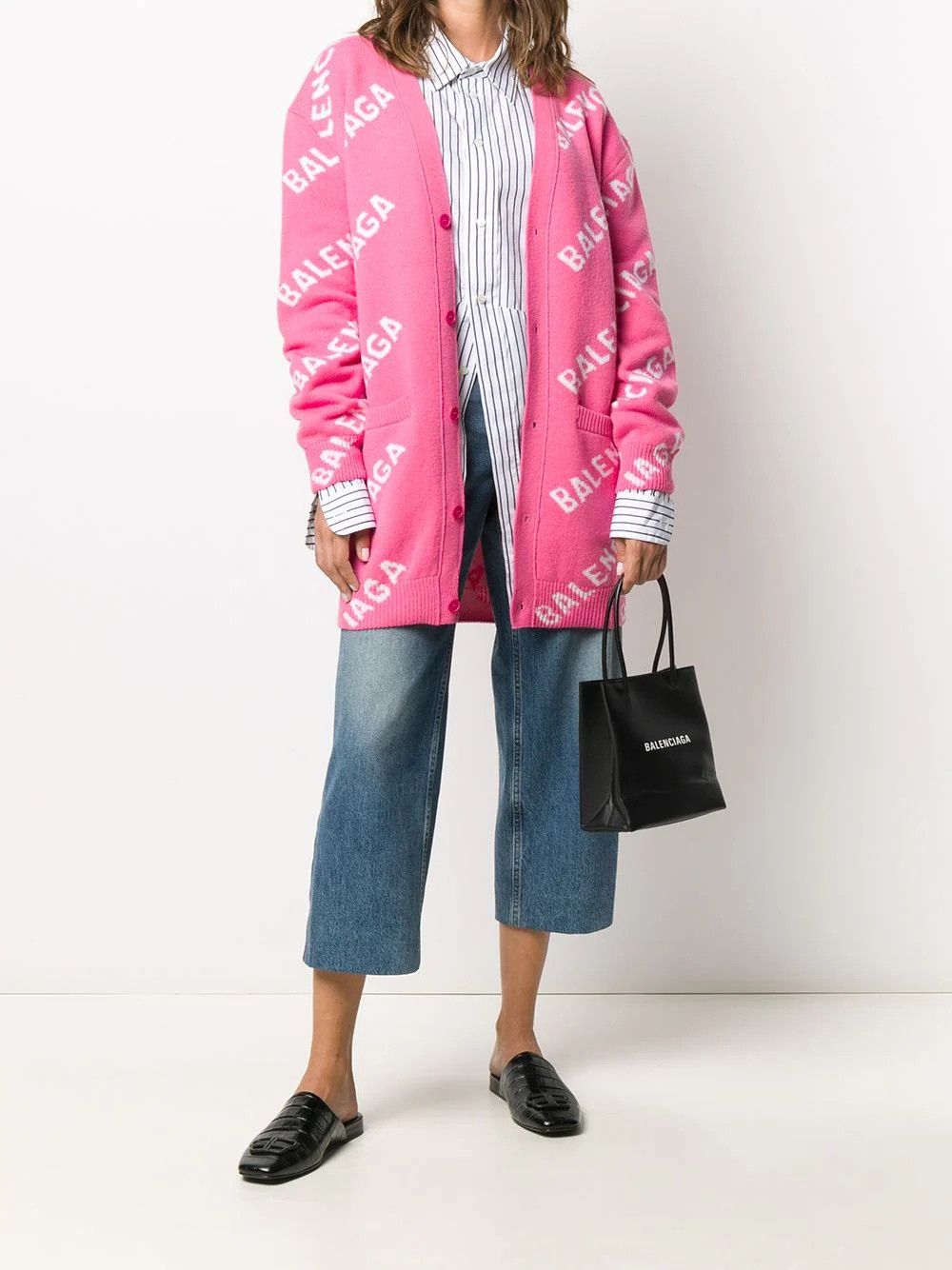 Balenciaga wool allover logo cardigan in pink/white Size XXL / US 16-18 / IT 52-54 - 2 Thumbnail