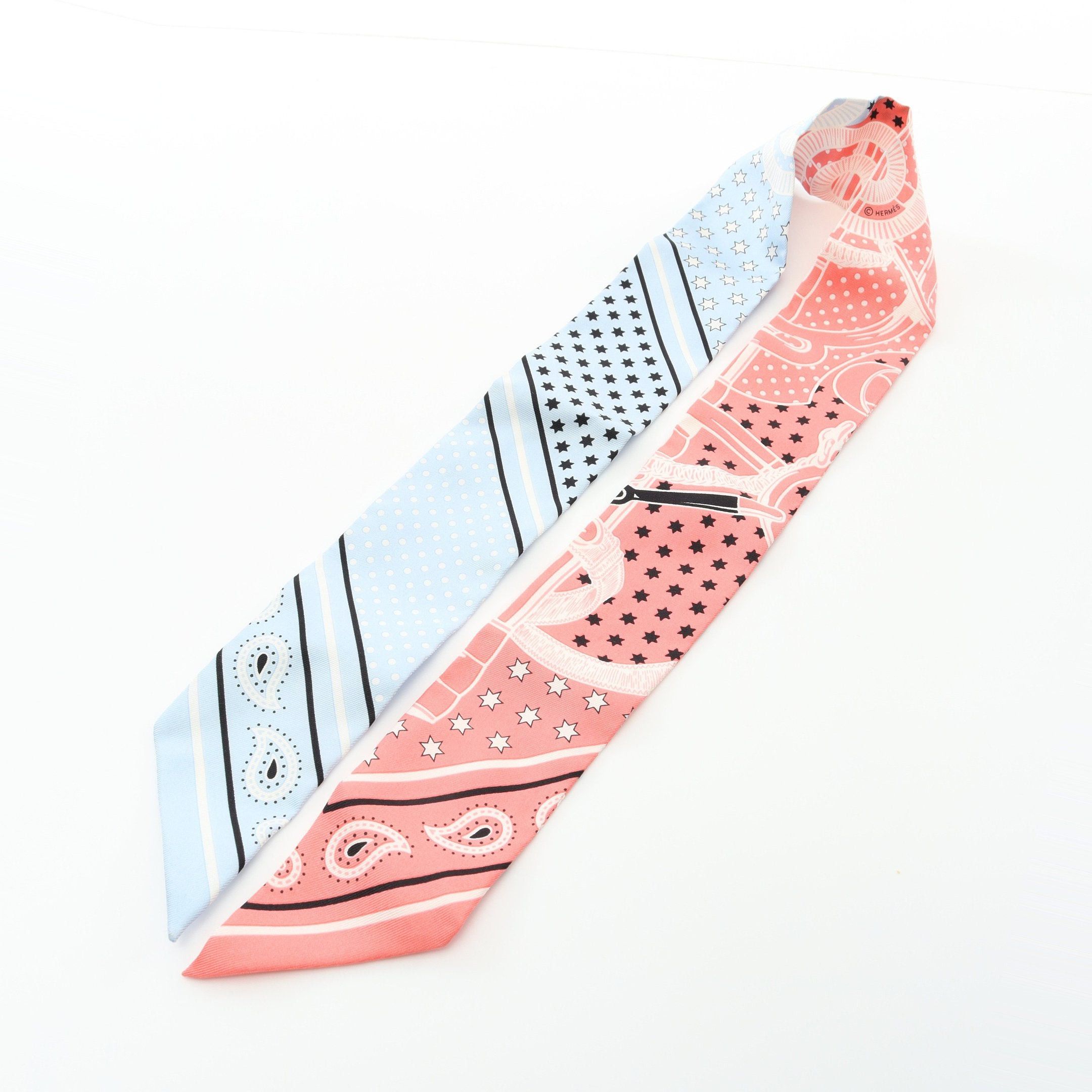 Hermes Hermes Twilly Eperon Cut Ribbon Scarf Silk Coral Pink Light Blue Multicolor Size ONE SIZE - 6 Thumbnail