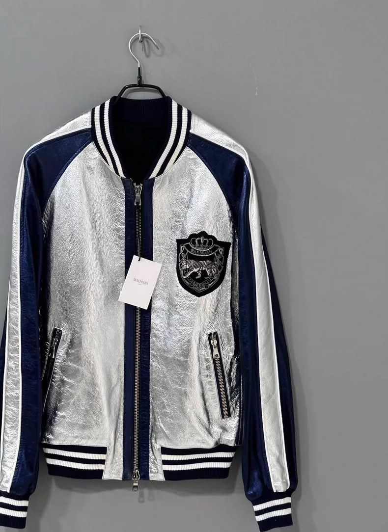 Balmain Silvery Bomber Jacket with Navy Accents Size US L / EU 52-54 / 3 - 2 Thumbnail