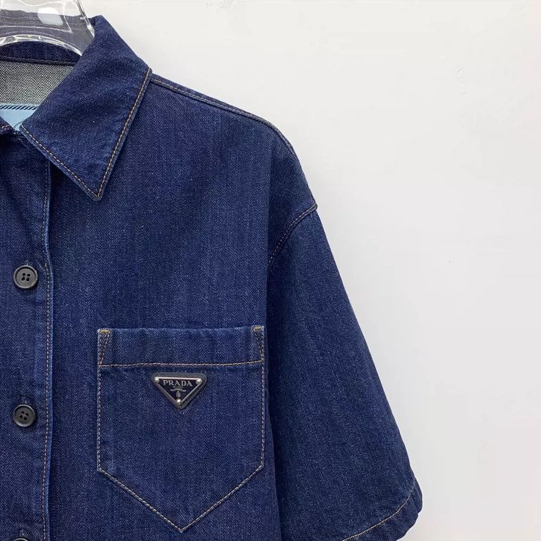 Prada Blue Denim Short Sleeve Button-Up Shirt- DMC Size US XS / EU 42 / 0 - 3 Thumbnail