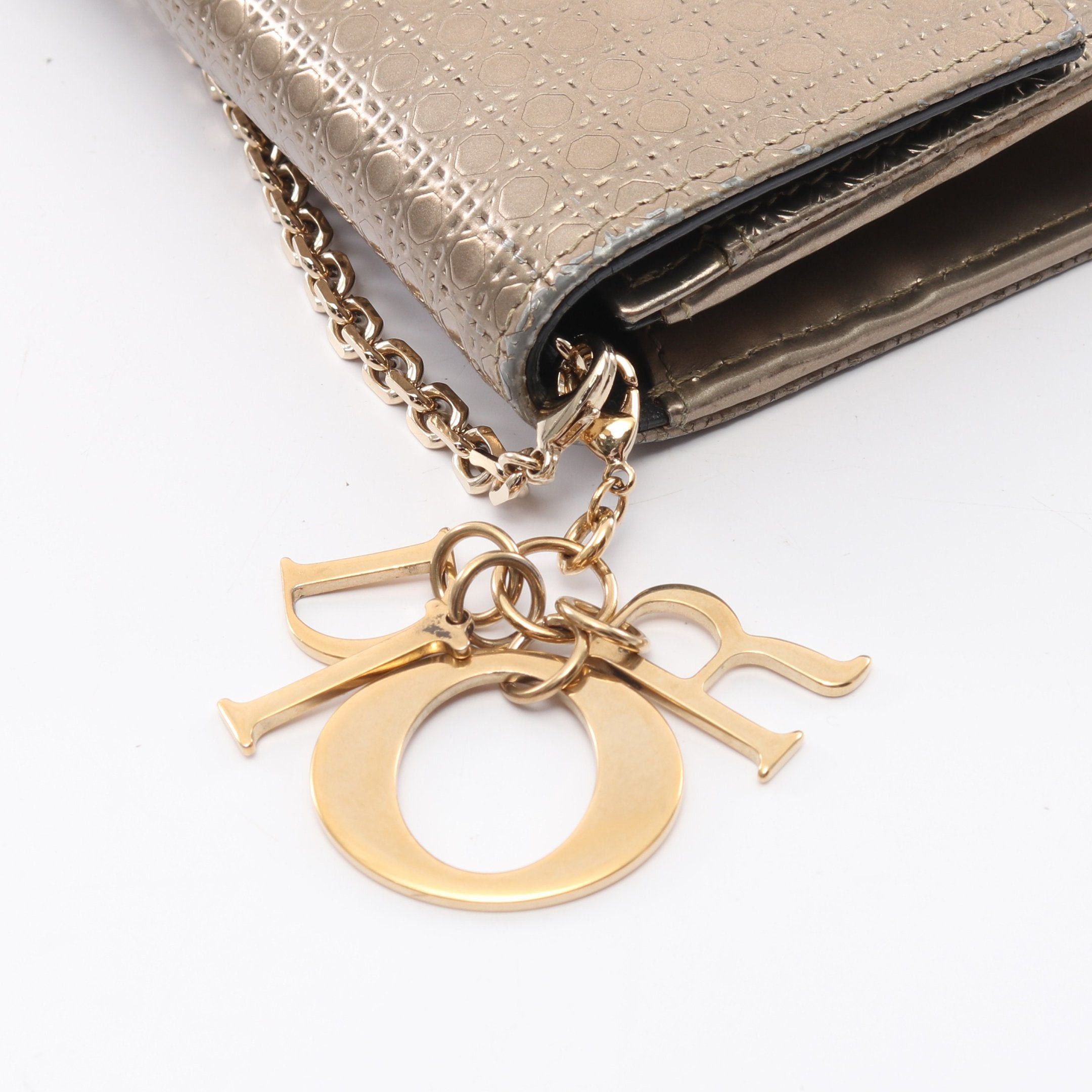 Dior Dior Microcannage Chain Wallet Leather Champagne Gold Embossing Size ONE SIZE - 9 Thumbnail