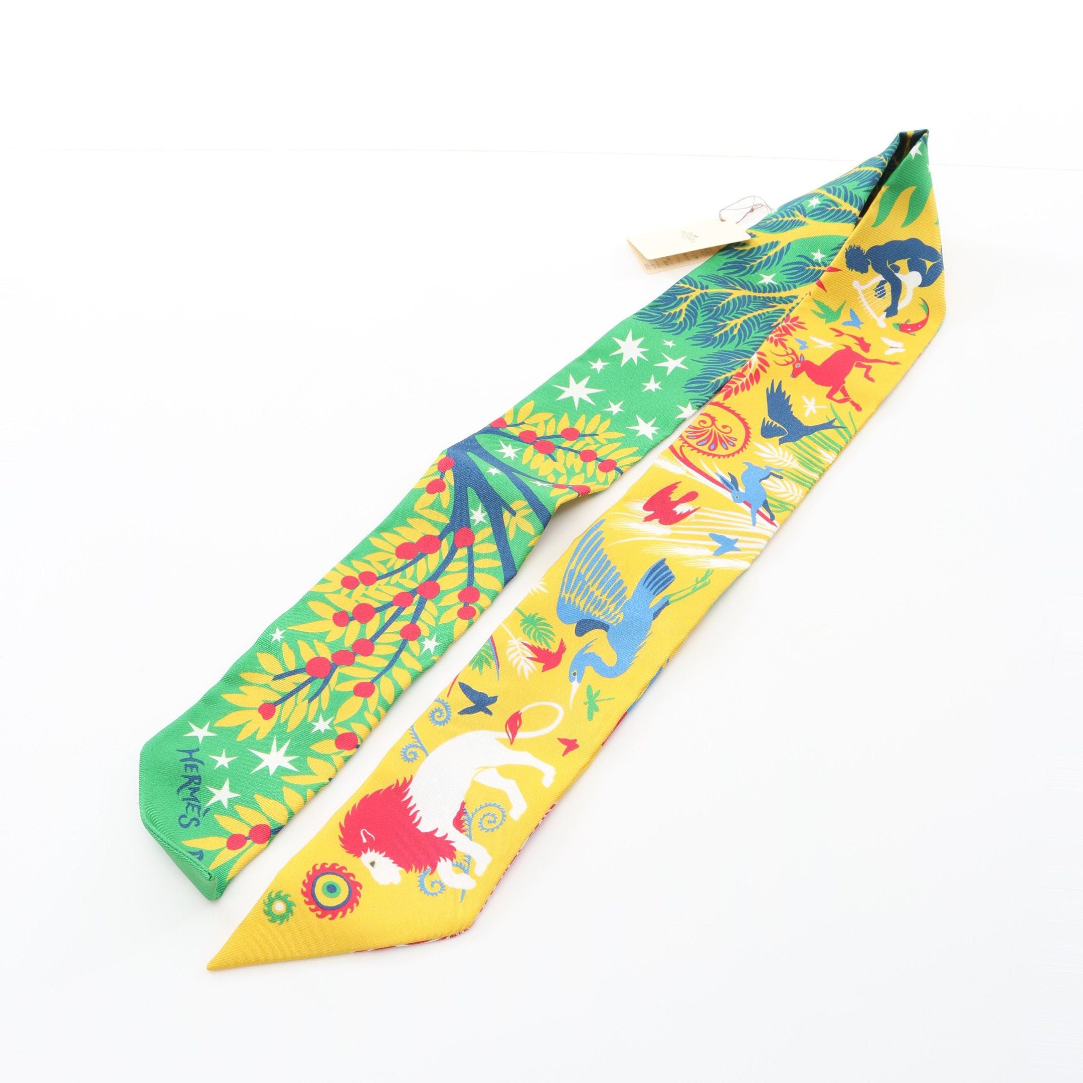 Hermes Hermes Twilly Sous Le Charme D'Orphee Ribbon Scarf Silk Yellow Green Multicolor Size ONE SIZE - 4 Thumbnail