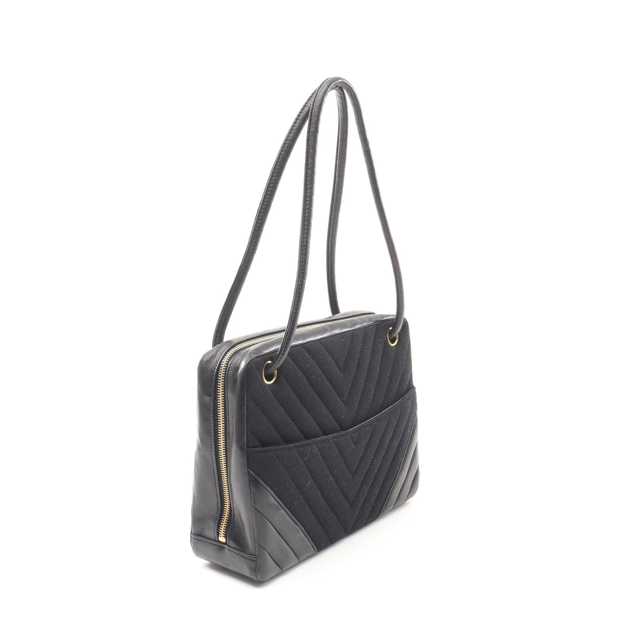 Chanel Chanel Chevron V-Stitch Shoulder Bag Cotton Jersey Lambskin Black Gold Hardware Size ONE SIZE - 2 Thumbnail