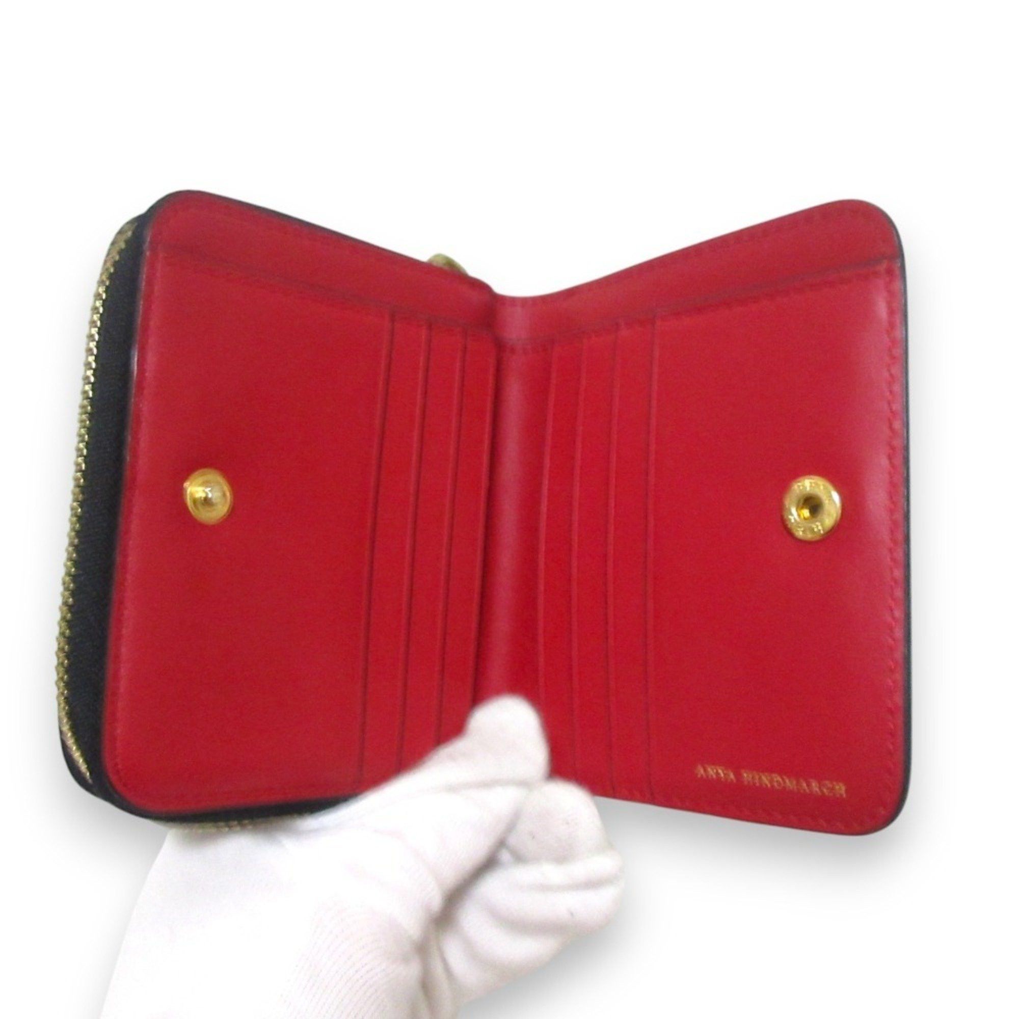 Anya Hindmarch ANYA HINDMARCH Leather Half Wallet, Bi-fold Compact Black x Gold Hardware, Women's Size ONE SIZE - 3 Thumbnail