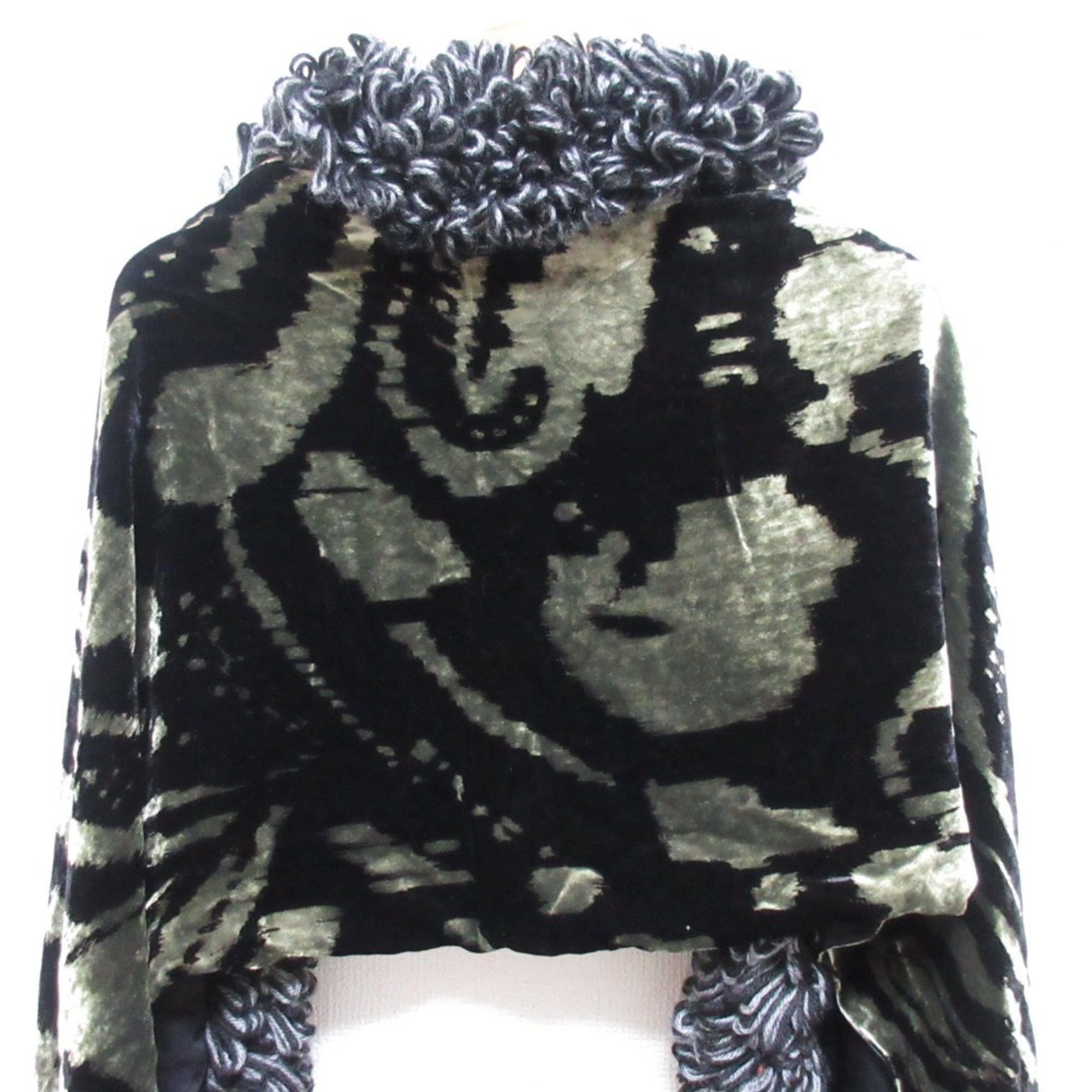 Etro ETRO Fringed Silk Velvet Scarf Long Scarf/Stole Black x Green Men's Women's Size ONE SIZE - 4 Thumbnail