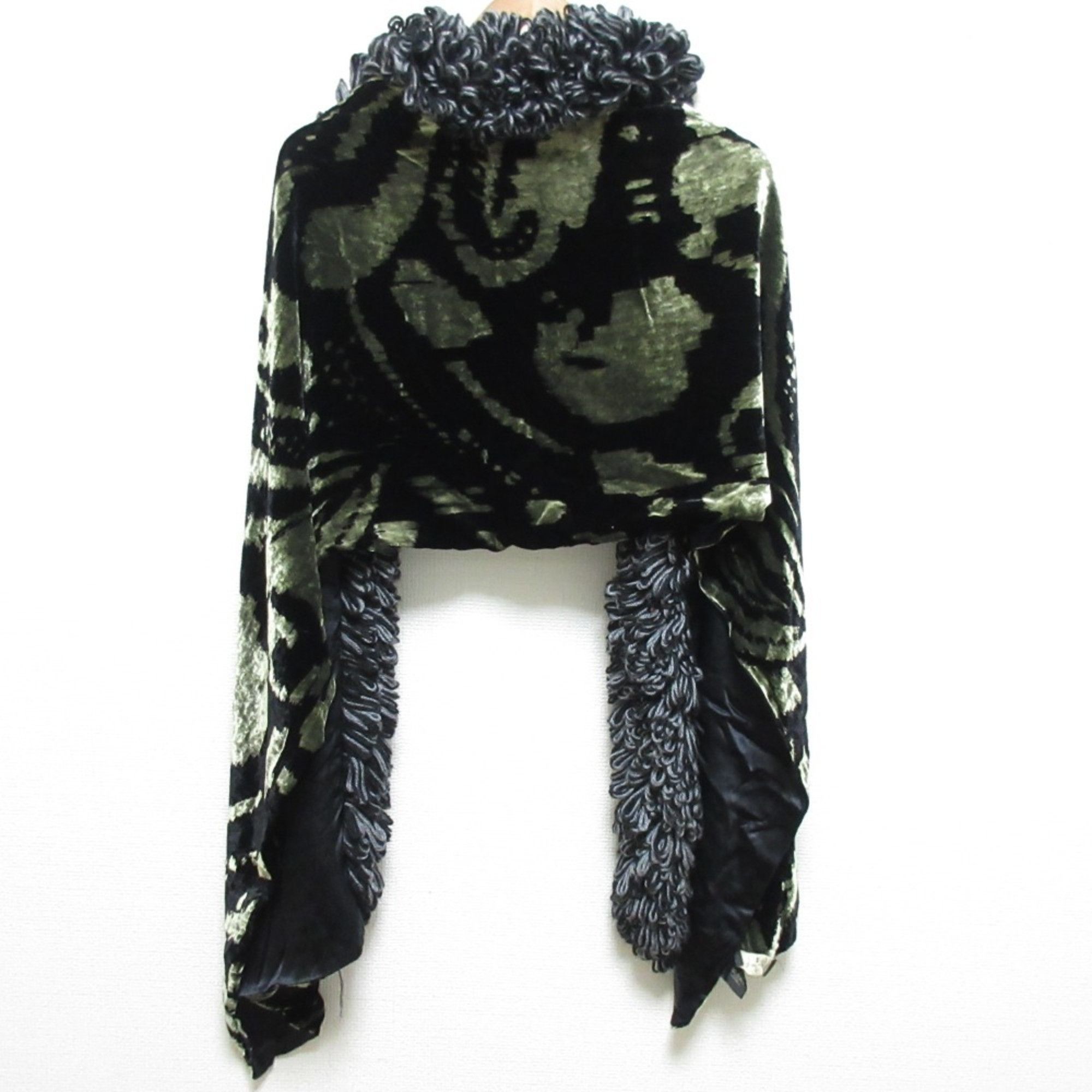 Etro ETRO Fringed Silk Velvet Scarf Long Scarf/Stole Black x Green Men's Women's Size ONE SIZE - 2 Thumbnail