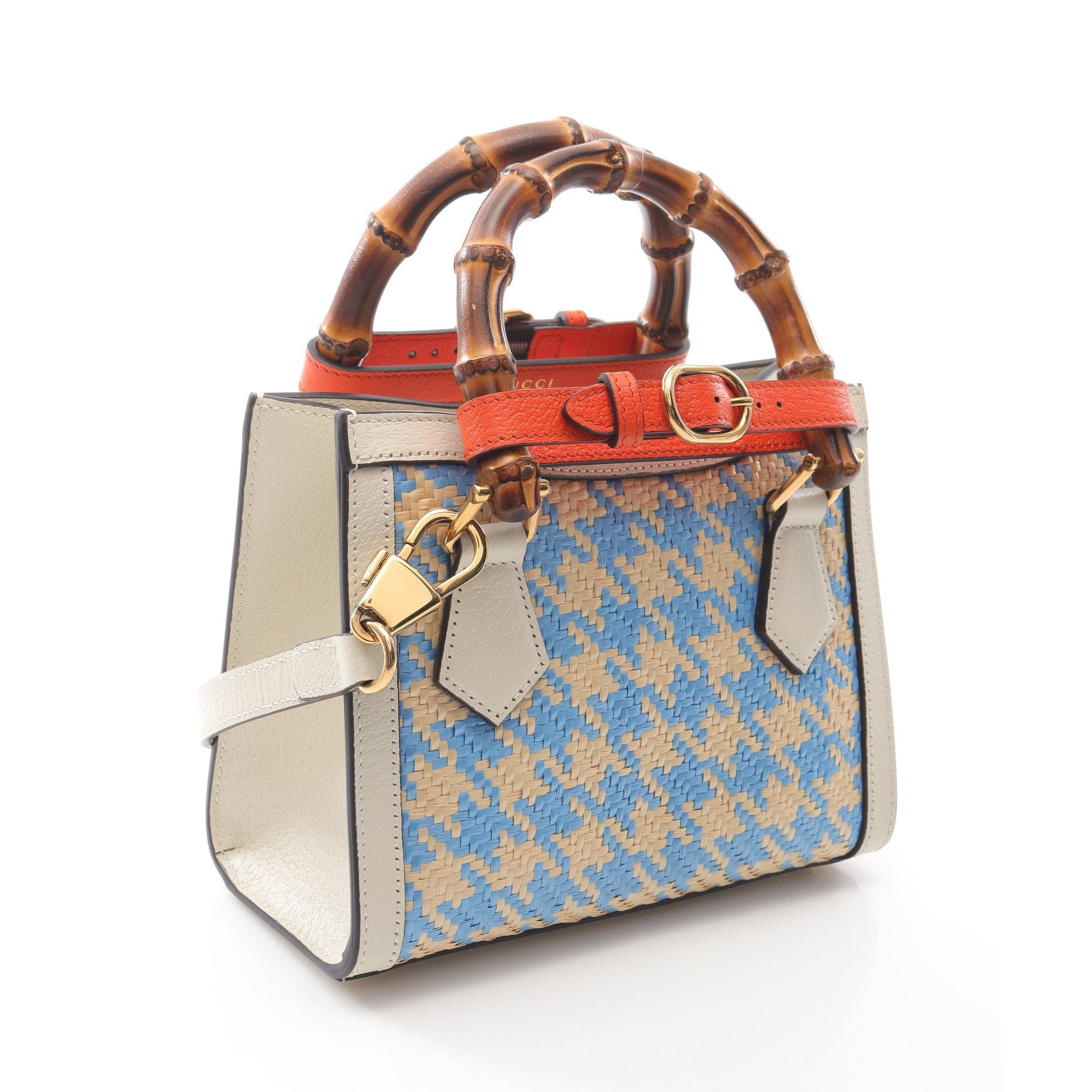 Gucci Gucci Diana Mini Bamboo Handbag Tote Bag Raffia Leather Off White Ivory Light Blue Size ONE SIZE - 2 Thumbnail