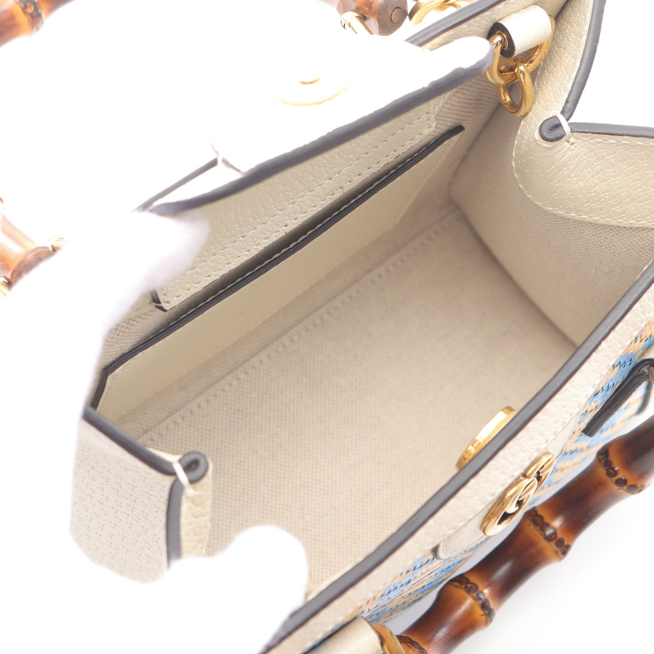 Gucci Gucci Diana Mini Bamboo Handbag Tote Bag Raffia Leather Off White Ivory Light Blue Size ONE SIZE - 3 Thumbnail