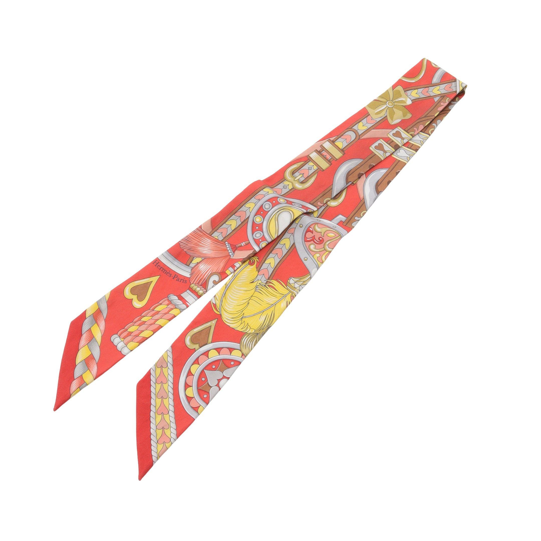 Hermes Hermes Twilly Harnais De Coeur Ribbon Scarf Silk Orange Red Multicolor Size ONE SIZE - 2 Thumbnail