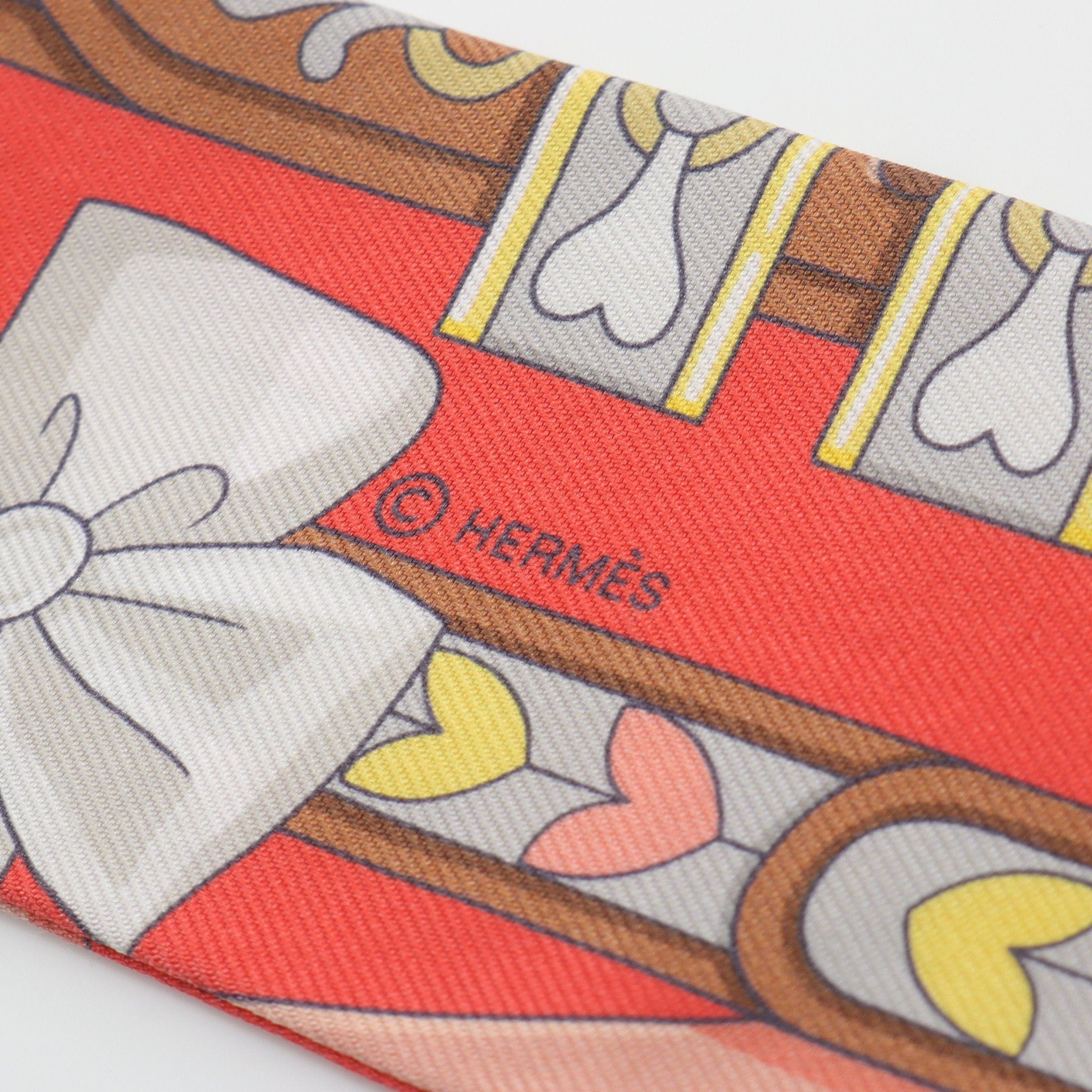 Hermes Hermes Twilly Harnais De Coeur Ribbon Scarf Silk Orange Red Multicolor Size ONE SIZE - 3 Thumbnail