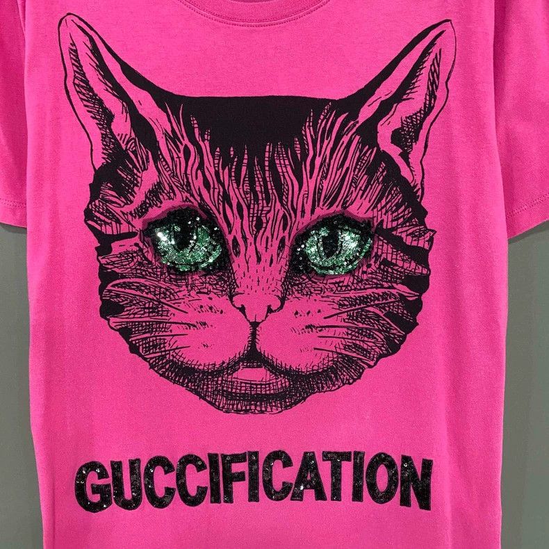GUCCI 猫顔プリント 半袖Tシャツ ピンク GUCCI グッチ Tシャツ ピンク 半袖 ネコ キャット ミケーレ トラ