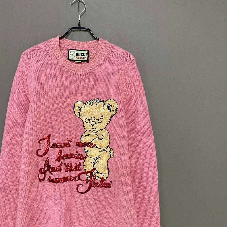 Gucci Pink Bear Embroidered Cashmere Sweater- DMC Size US M / EU 48-50 / 2 - 2 Thumbnail