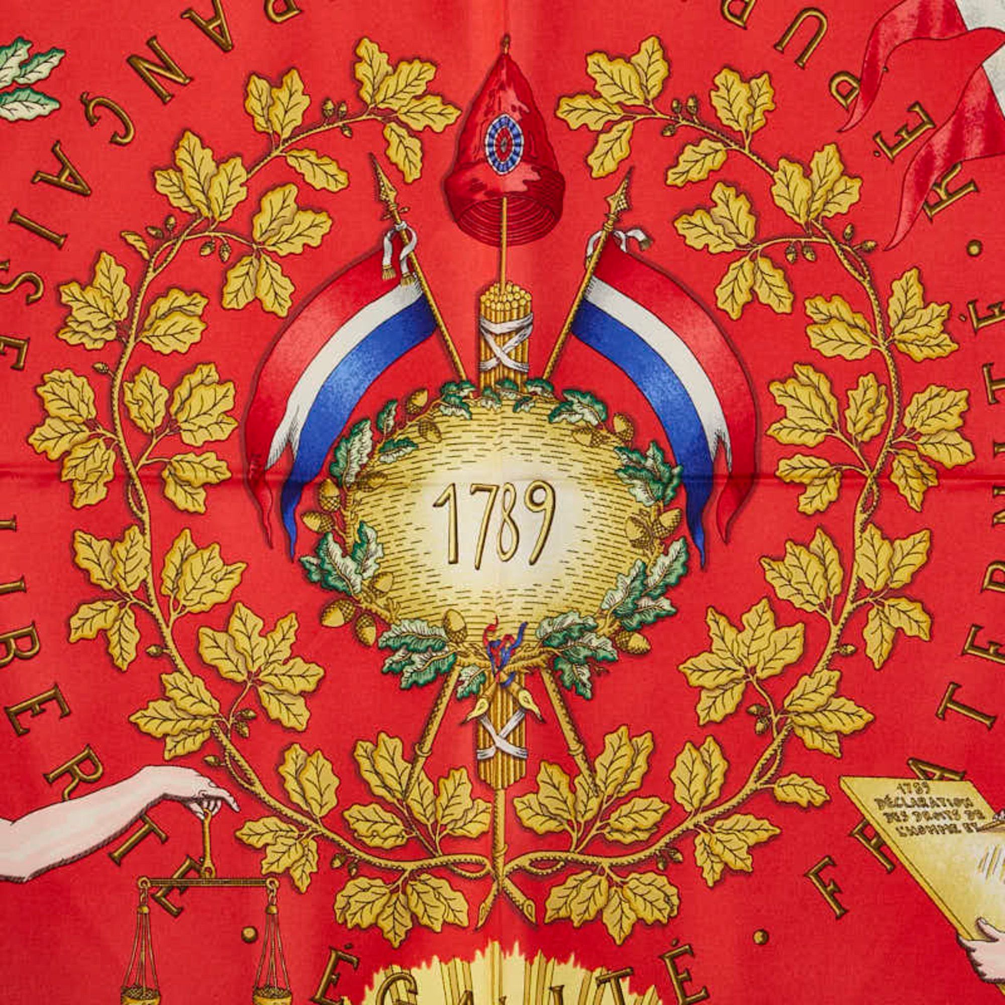 Hermes Carré 90 1789 LIBERTE EGALITE FRATERNITE REPUBLIQUE FRANCAISE Scarf muffler in commemoration of the French Revolution, blue, multi-colored, silk, for women, HERMES