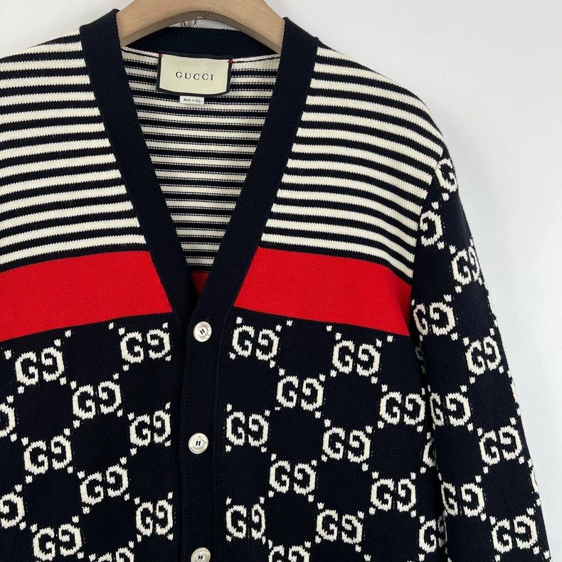 Gucci Gucci Navy Stripe Cardigan with Logo Print- DMC Size US L / EU 52-54 / 3 - 5 Thumbnail