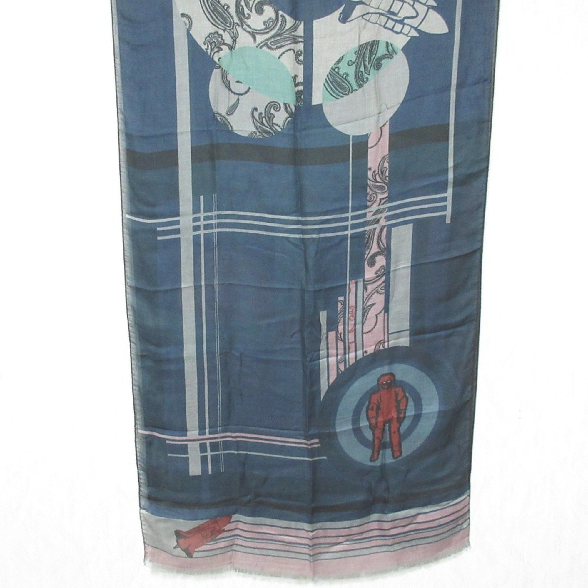 Etro ETRO Paisley Rocket Astronaut All-over Pattern Large Stole/Scarf Shawl Scarf Navy Grey Women's Size ONE SIZE - 8 Thumbnail