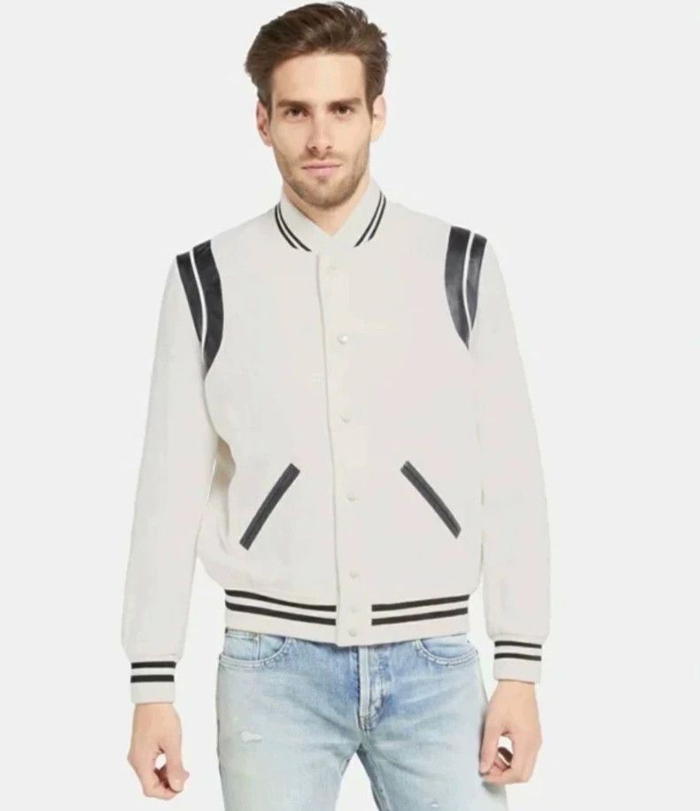 Saint Laurent Paris Saint Laurent White Wool Baseball Jacket- DMC Size US L / EU 52-54 / 3 - 8 Thumbnail