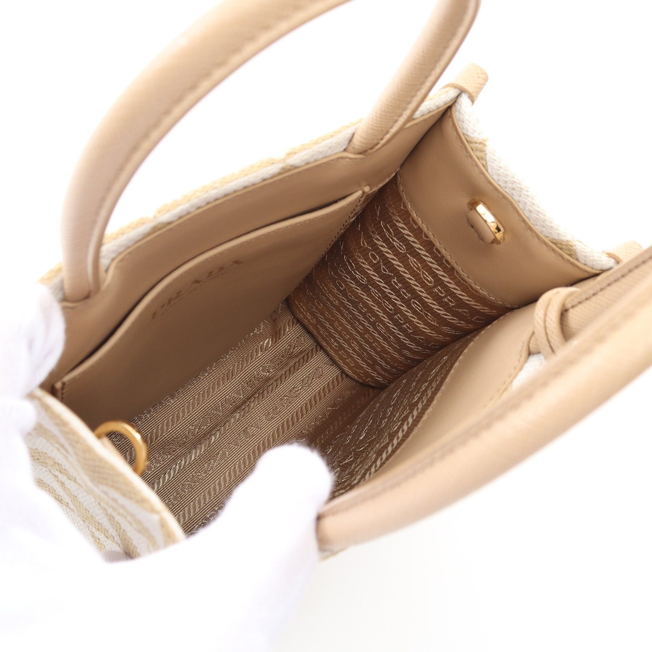 Prada Prada Triangolo Jacquard Symbol Embroidery Mini Handbag Canvas Saffiano Leather Beige Off White Size ONE SIZE - 3 Thumbnail