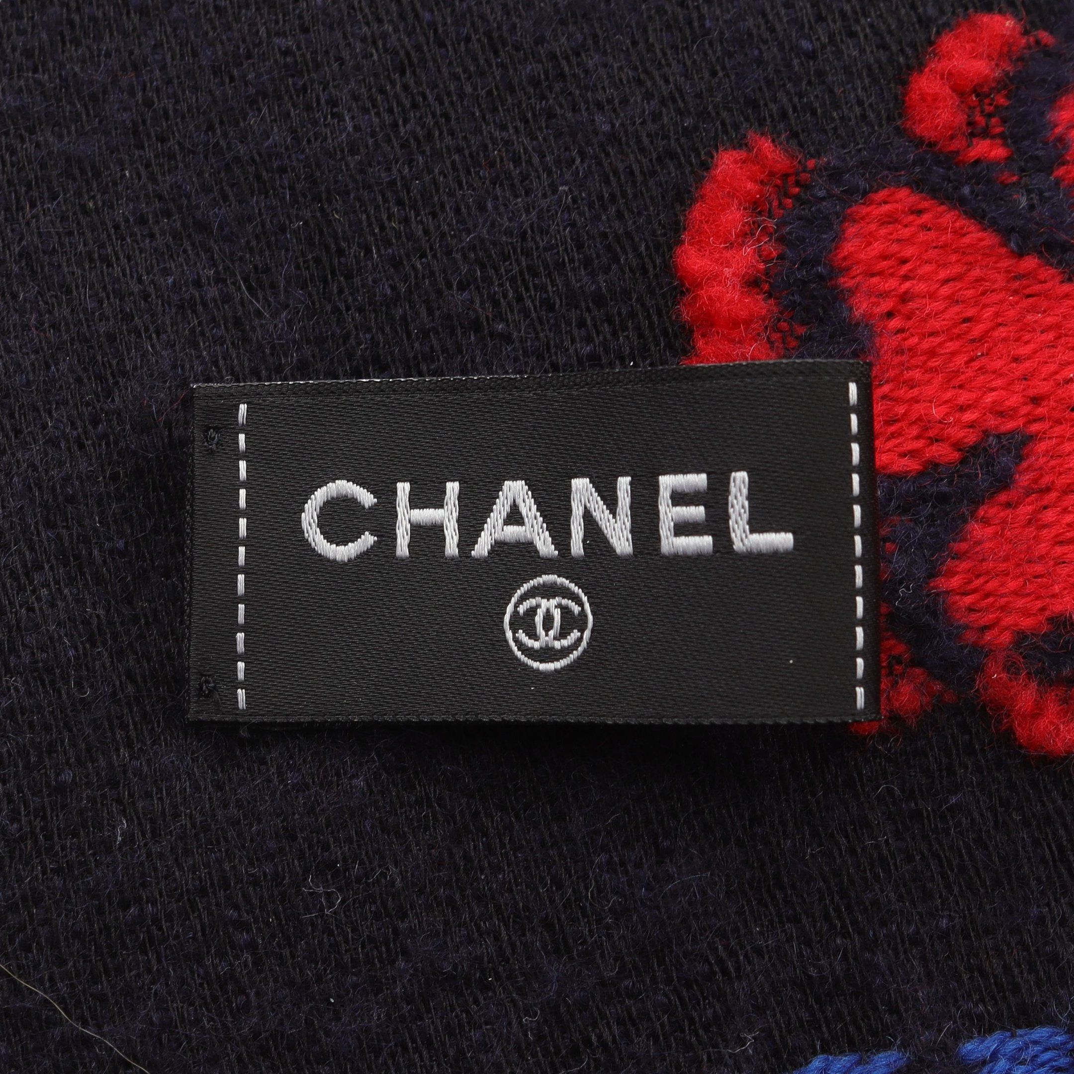 Chanel Chanel Coco Mark Camellia Stall Shawl Cashmere Wool Silk Dark Navy Multicolor Size ONE SIZE - 2 Thumbnail