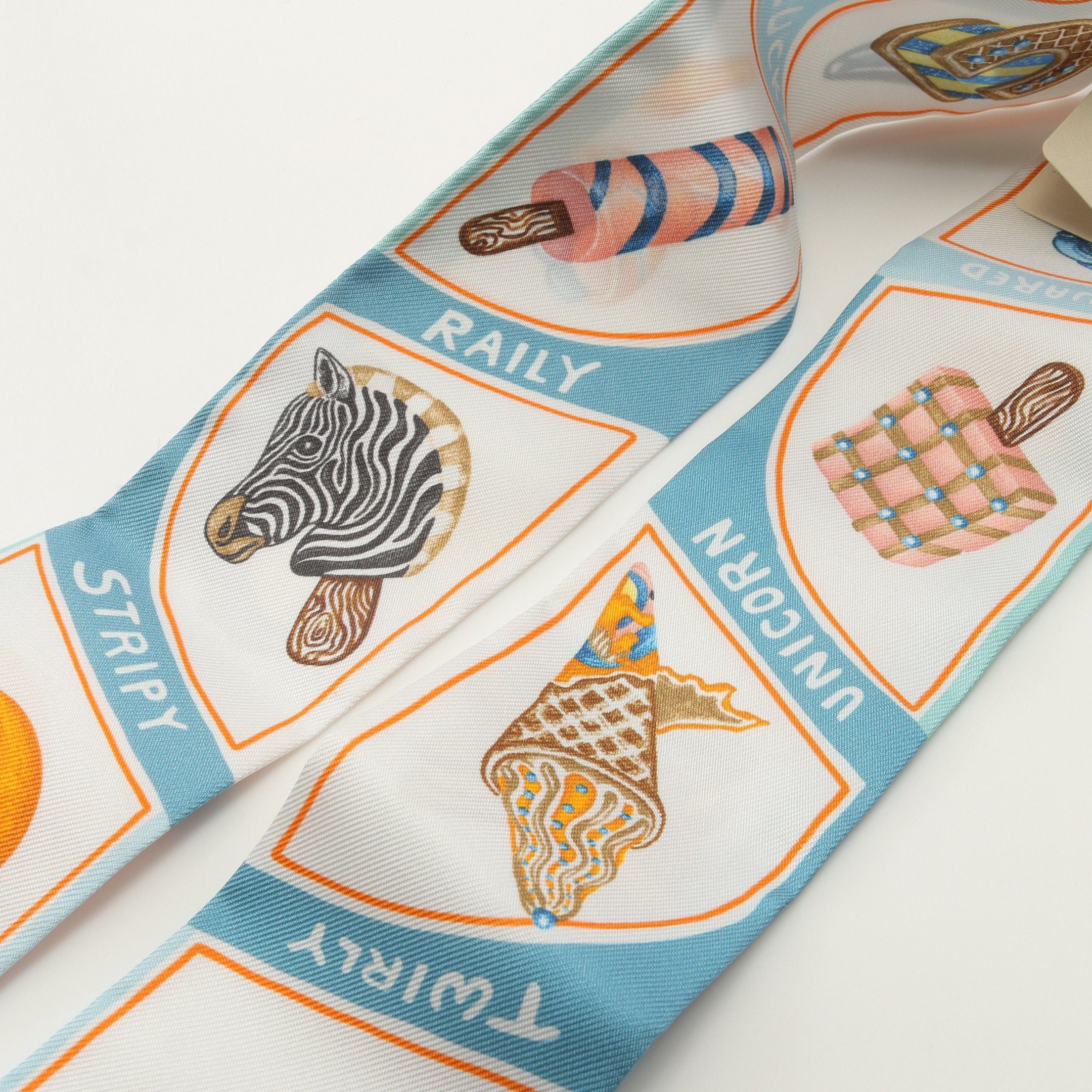 Hermes Hermes Twilly Funny Ice Cream Ribbon Scarf Silk Blue Multicolor Size ONE SIZE - 6 Thumbnail