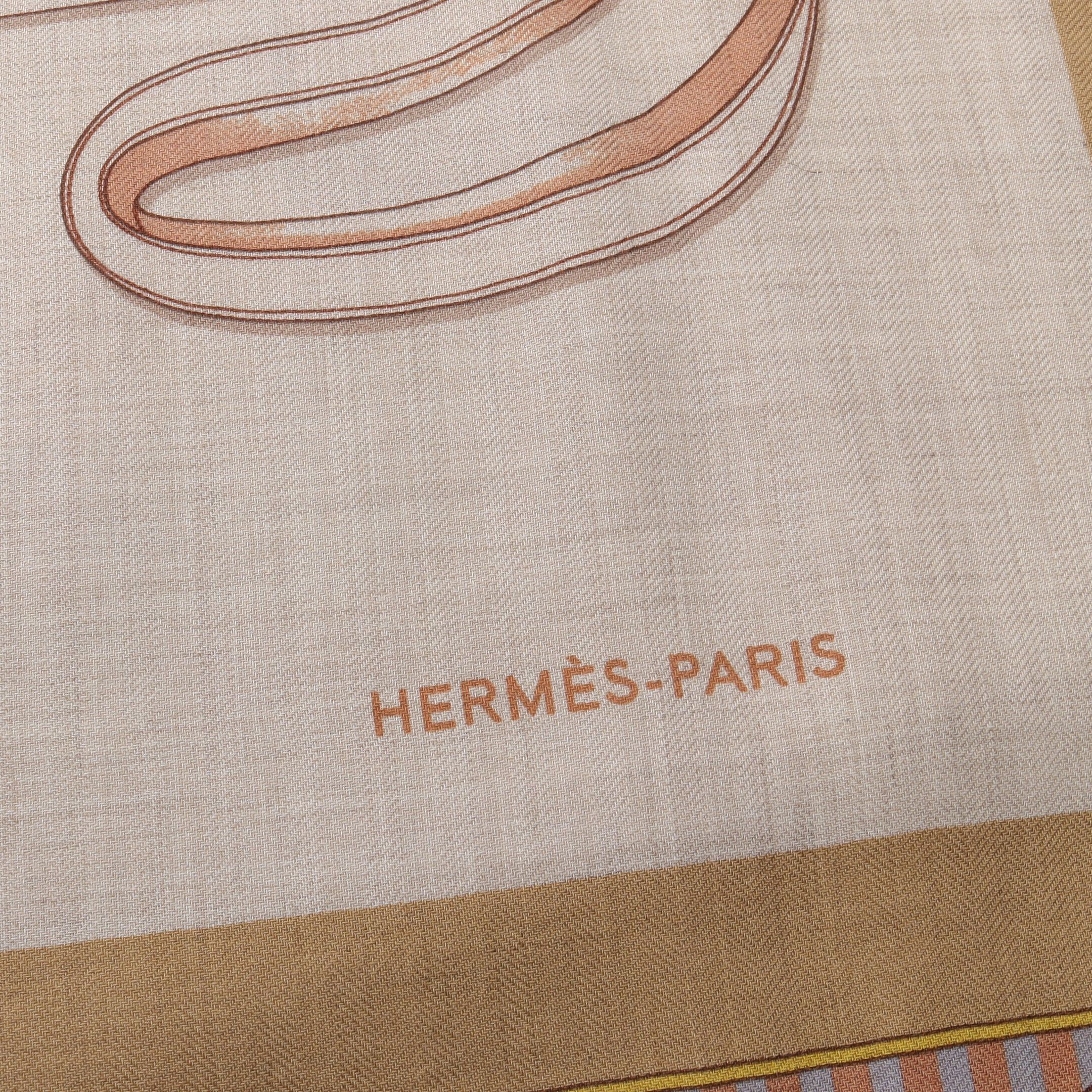 Hermes Hermes Carréjean Carres 140 Lettres Equestres Scarf Shawl Cashmere Silk Beige Multicolor Size ONE SIZE - 4 Thumbnail