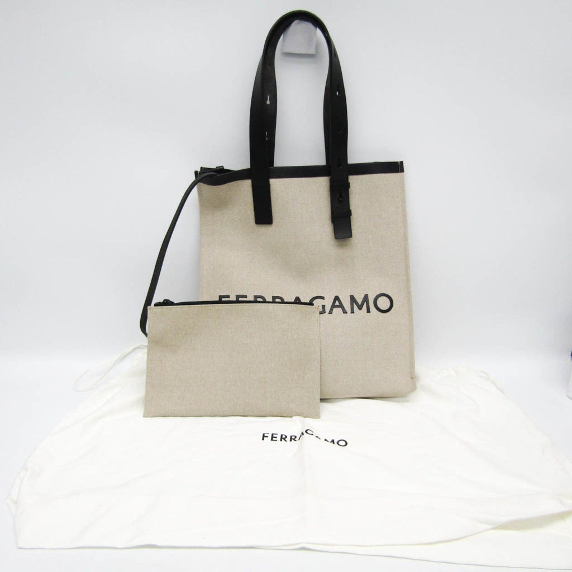 Salvatore Ferragamo Salvatore Ferragamo Logo GG-241297 Women,Men Leather,Fabric Tote Bag Beige,Black Size ONE SIZE - 2 Thumbnail
