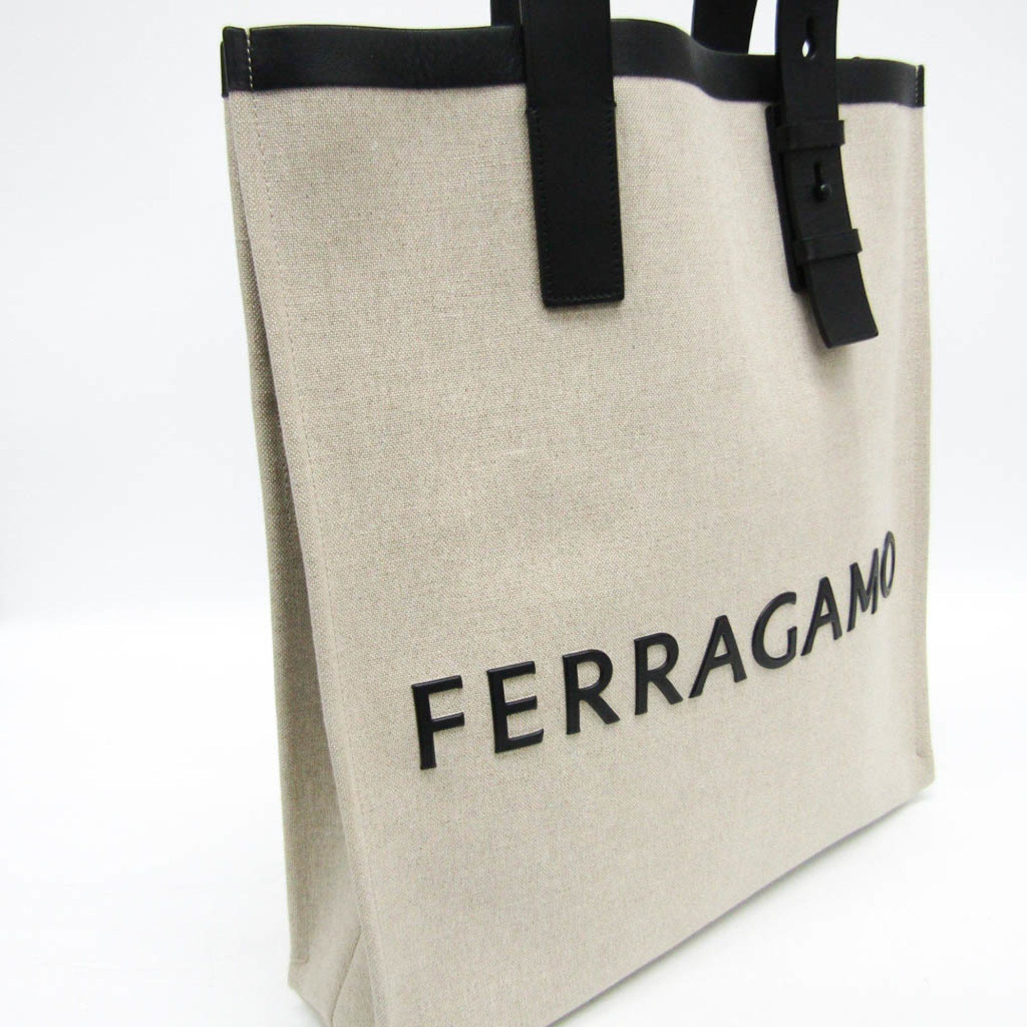 Salvatore Ferragamo Salvatore Ferragamo Logo GG-241297 Women,Men Leather,Fabric Tote Bag Beige,Black Size ONE SIZE - 5 Thumbnail