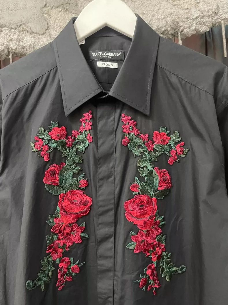 Dolce & Gabbana Black Shirt with Floral Embroidery Size US M / EU 48-50 / 2 - 5 Thumbnail