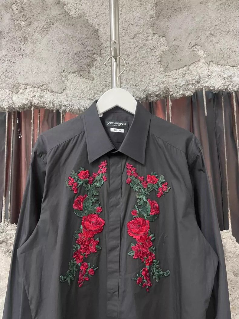Dolce & Gabbana Black Shirt with Floral Embroidery Size US M / EU 48-50 / 2 - 3 Thumbnail