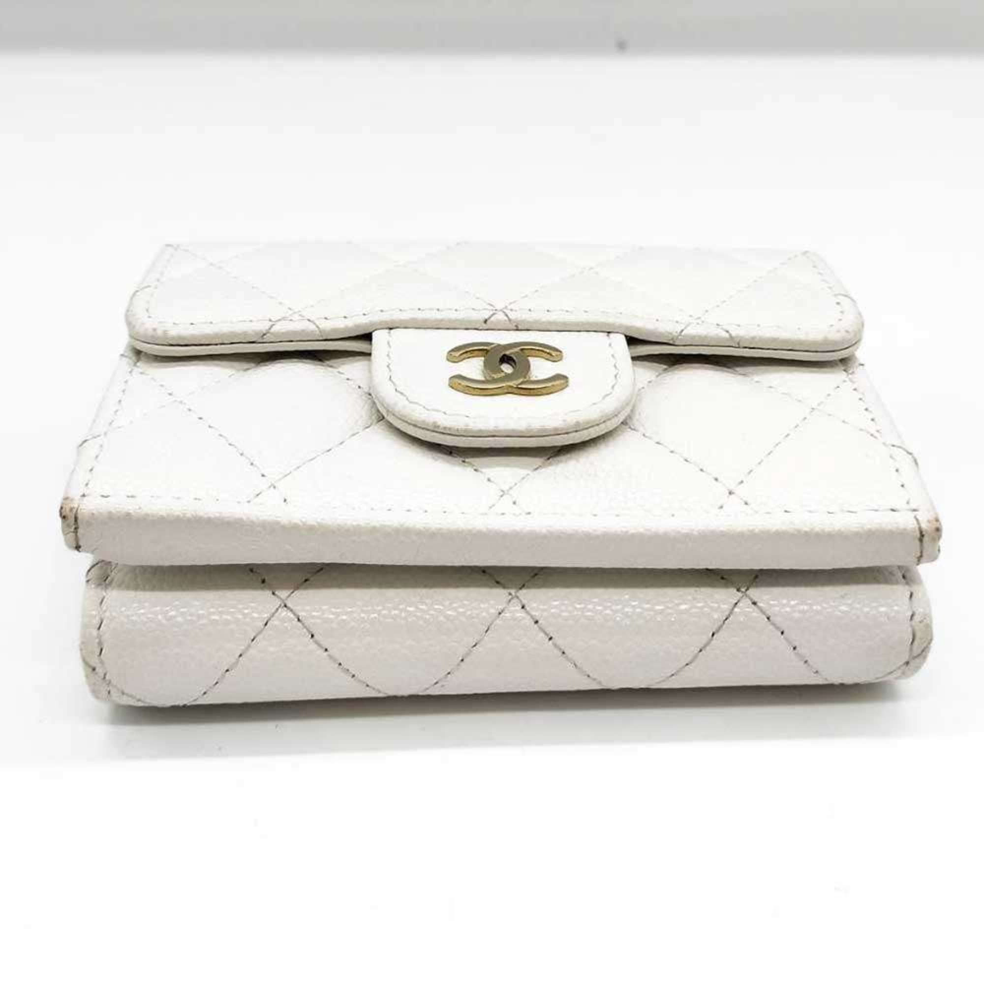 Chanel Chanel Matelasse Wallet Tri-fold White Champagne Women's Caviar Skin Leather CHANEL Size ONE SIZE - 4 Thumbnail
