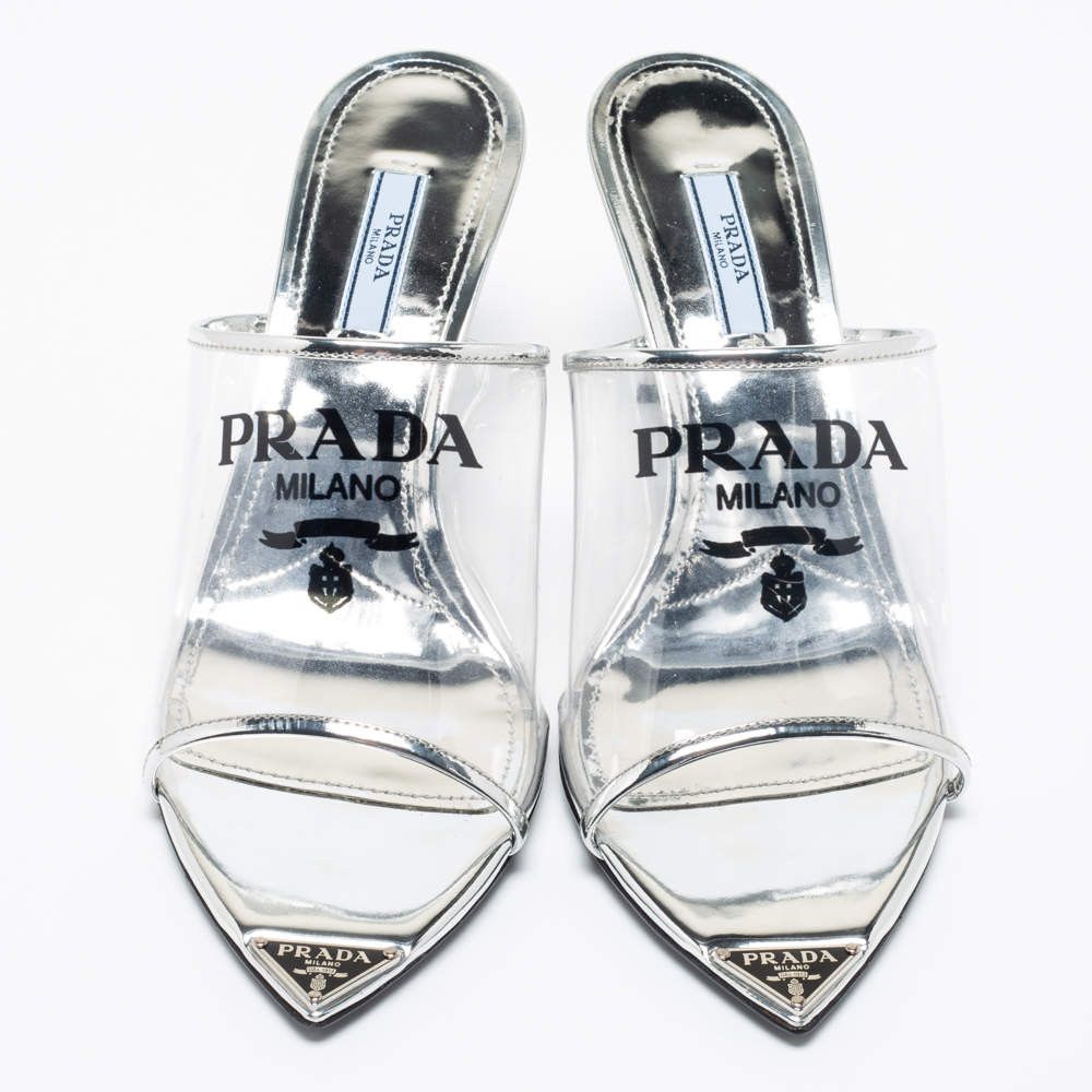 Prada plex logo extended sole mules 75mm silver Size US 5 / IT 35 - 3 Thumbnail