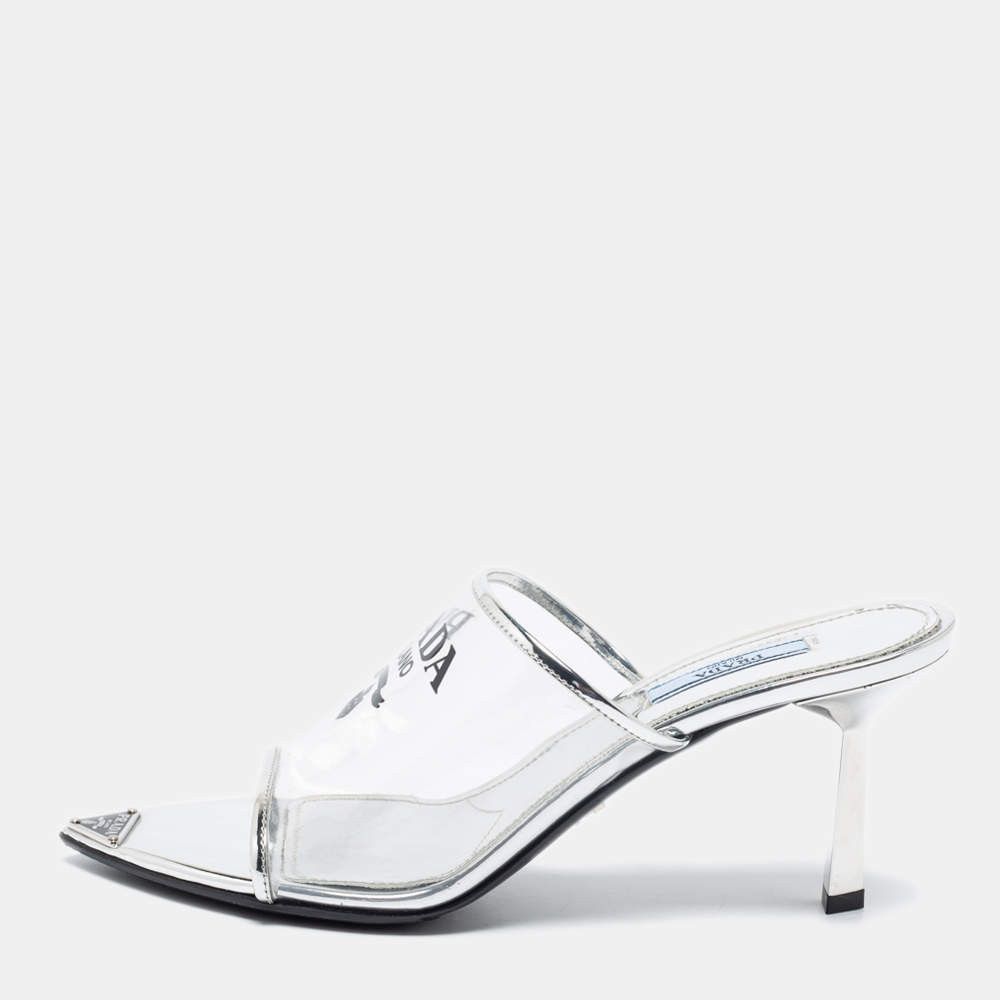 Prada plex logo extended sole mules 75mm silver Size US 8 / IT 38 - 2 Thumbnail