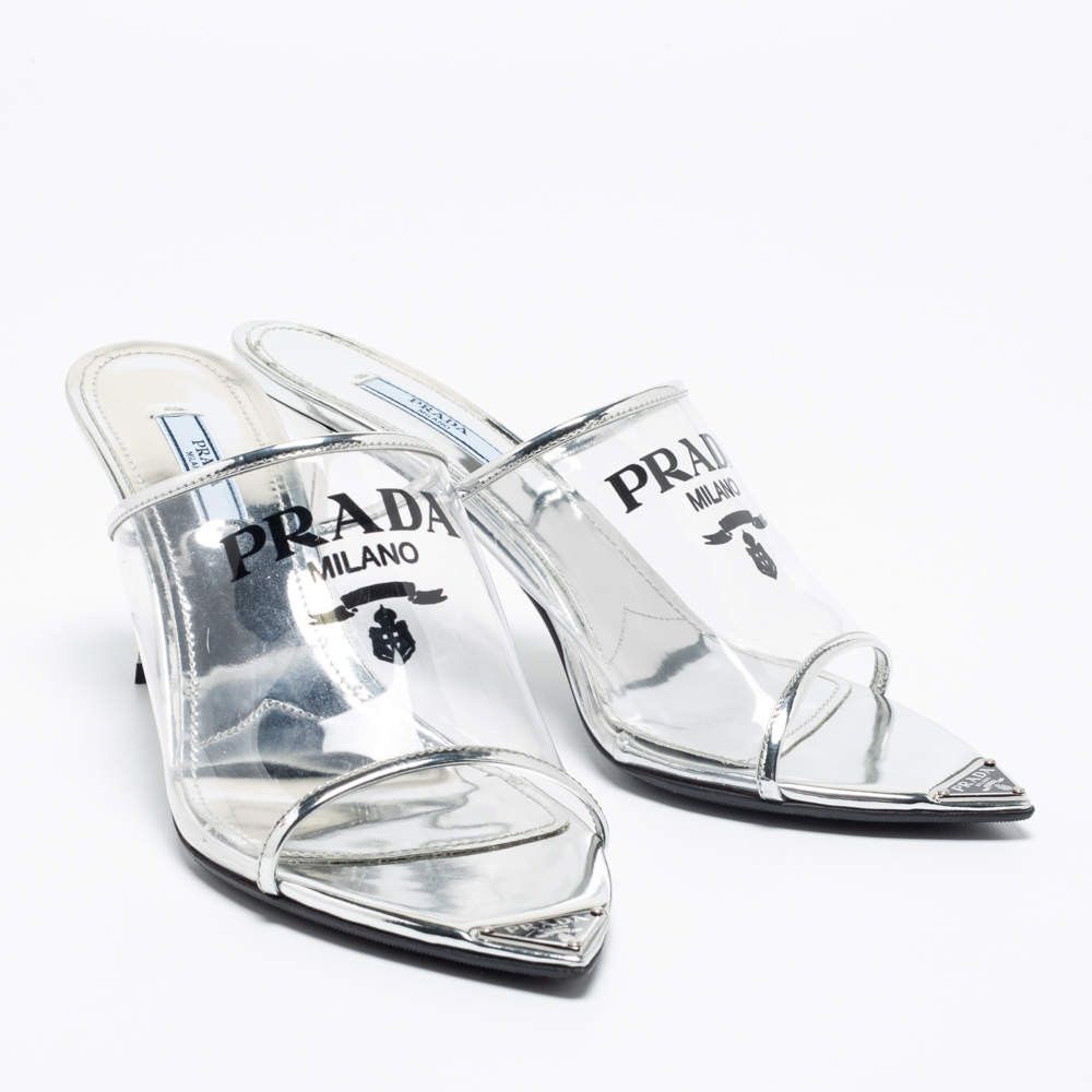 Prada plex logo extended sole mules 75mm silver Size US 12 / IT 42 - 4 Thumbnail