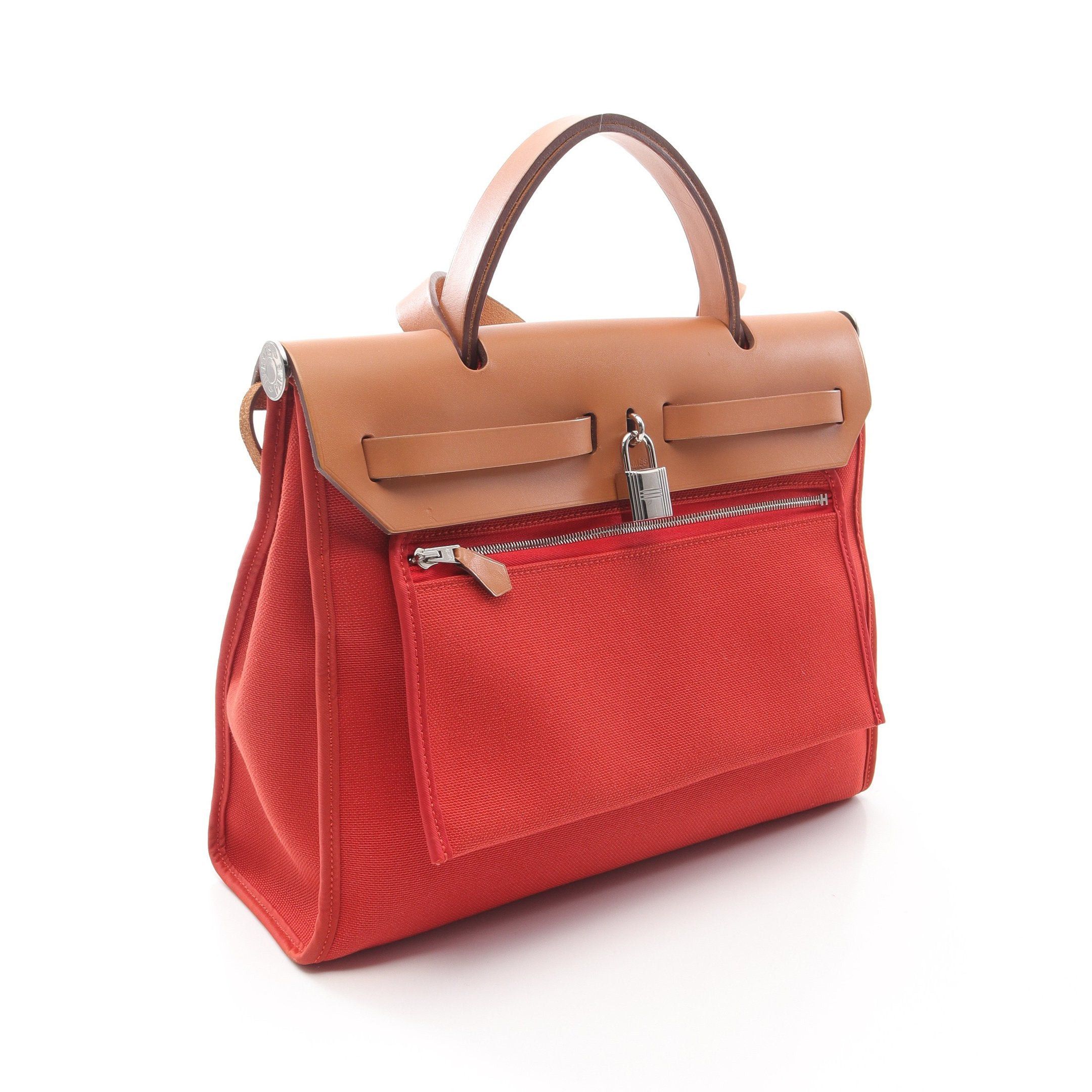 Hermes Hermes Herbag Zip Pm Capucines Handbag Vache Hunter Toile Military Orange Red Light Brown Silver Hardware A Stamp Size ONE SIZE - 2 Thumbnail