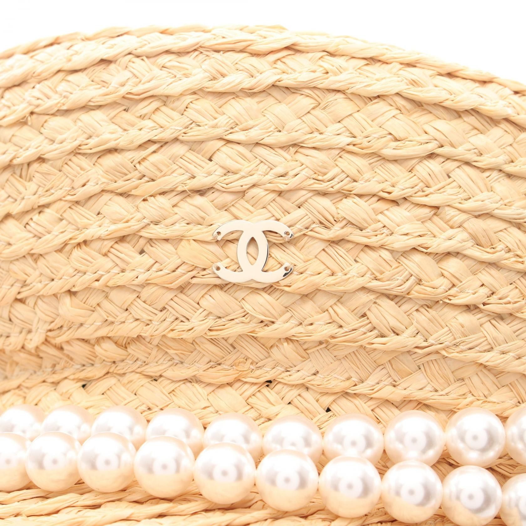 Chanel Chanel Coco Mark Double Pearl Casquette Cap Raffia Beige Size ONE SIZE - 8 Thumbnail