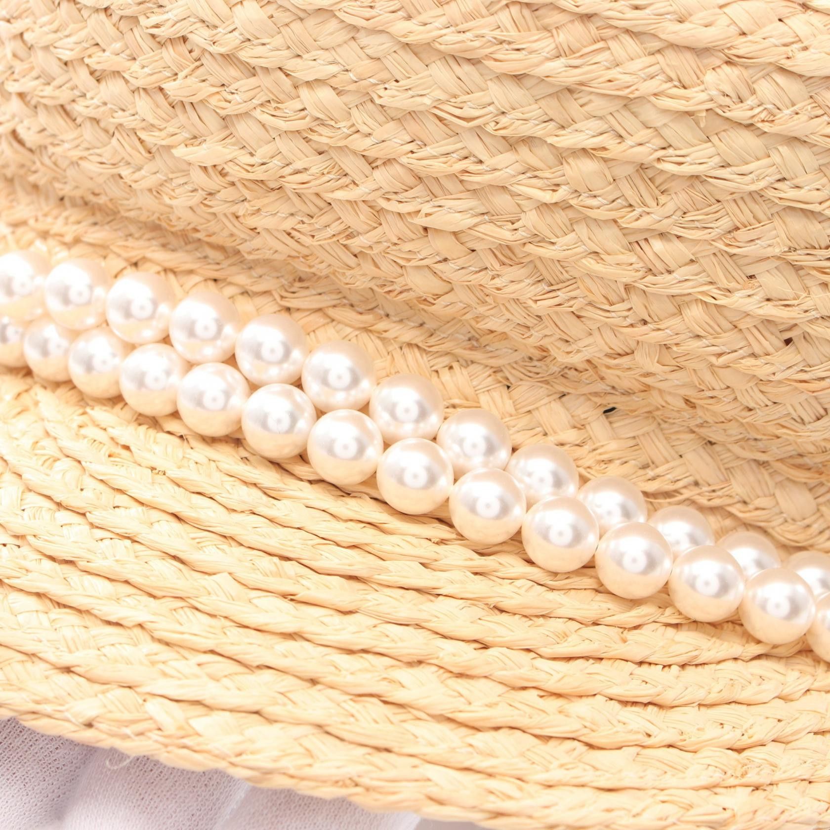 Chanel Chanel Coco Mark Double Pearl Casquette Cap Raffia Beige Size ONE SIZE - 9 Thumbnail