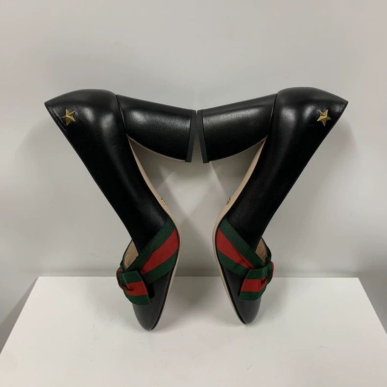 Gucci Gucci Black Heeled Shoes with Striped Bow Size US 7 / IT 37 - 4 Thumbnail